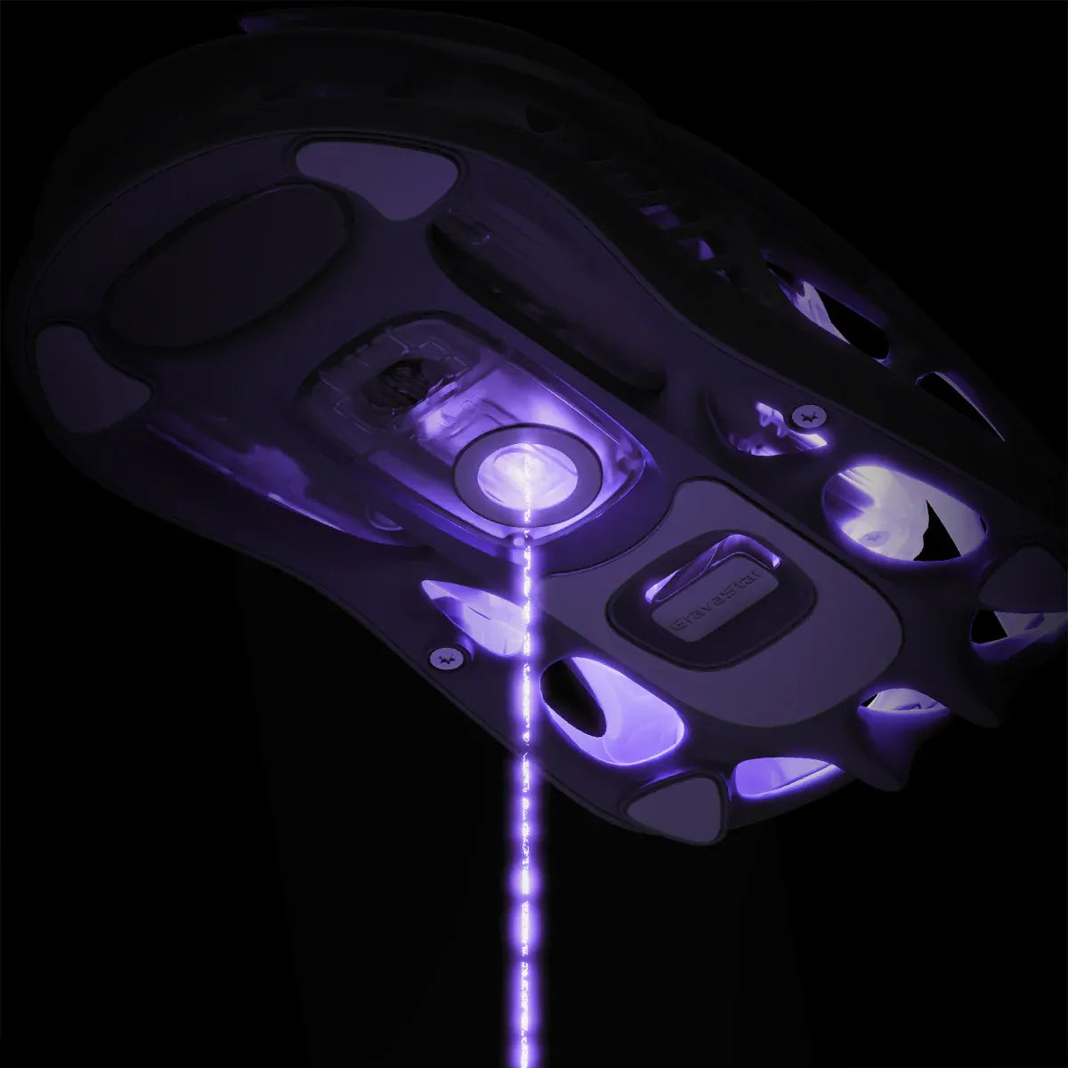 GravaStar Mercury M1 Pro Special Edition Lavender Purple wireless gaming mouse featuring PAW3395 26K DPI optical sensor, tri-mode toggle switch, Teflon feet pads, 4KHz polling rate support, and purple RGB backlighting.