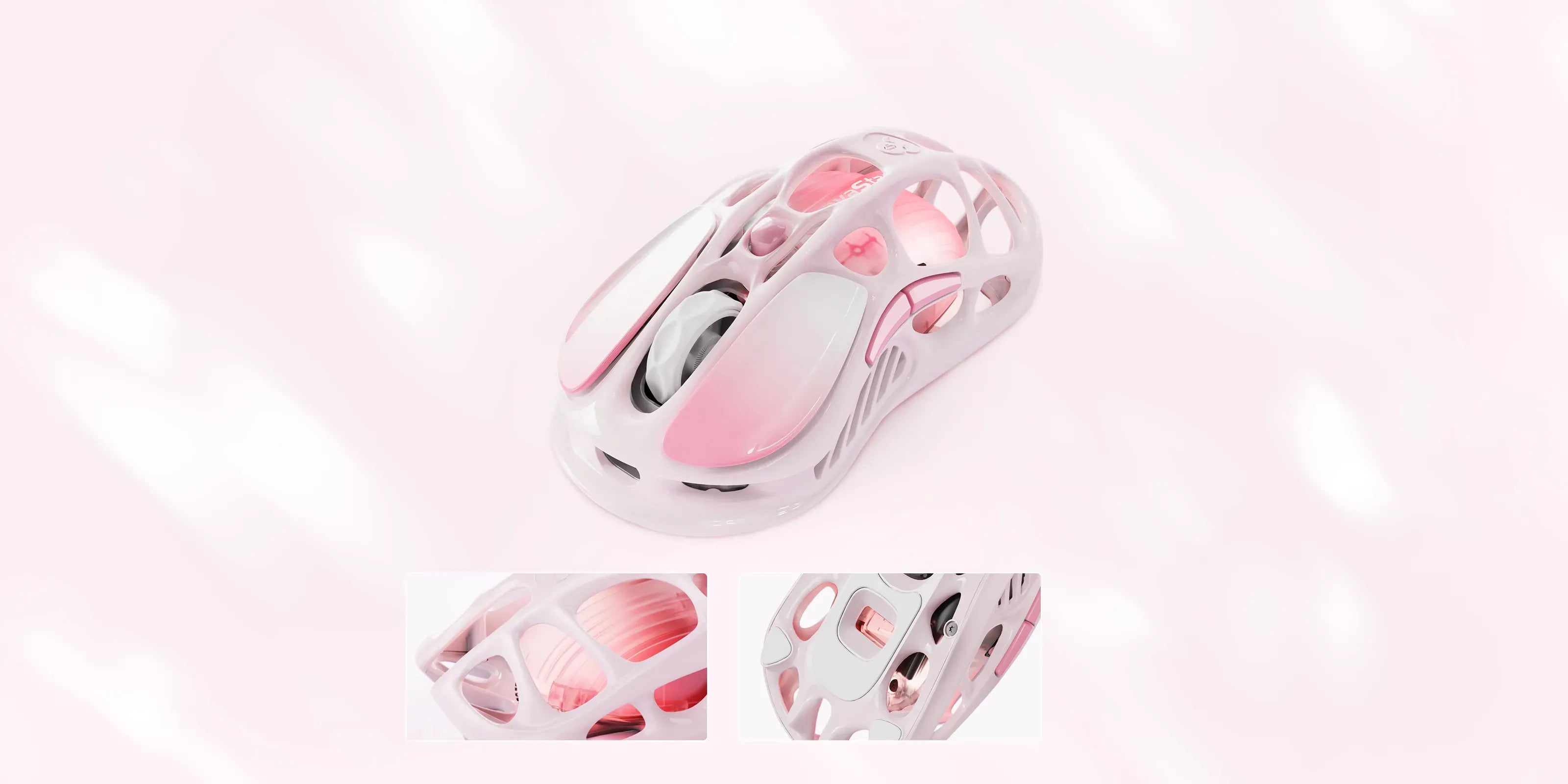 GravaStar Mercury M1 Pro Special Edition Sakura Pink wireless gaming mouse close-up featuring 88g magnesium alloy skeletal frame, PAW3395 26K DPI optical sensor, 4KHz polling rate support, and pink RGB lighting.