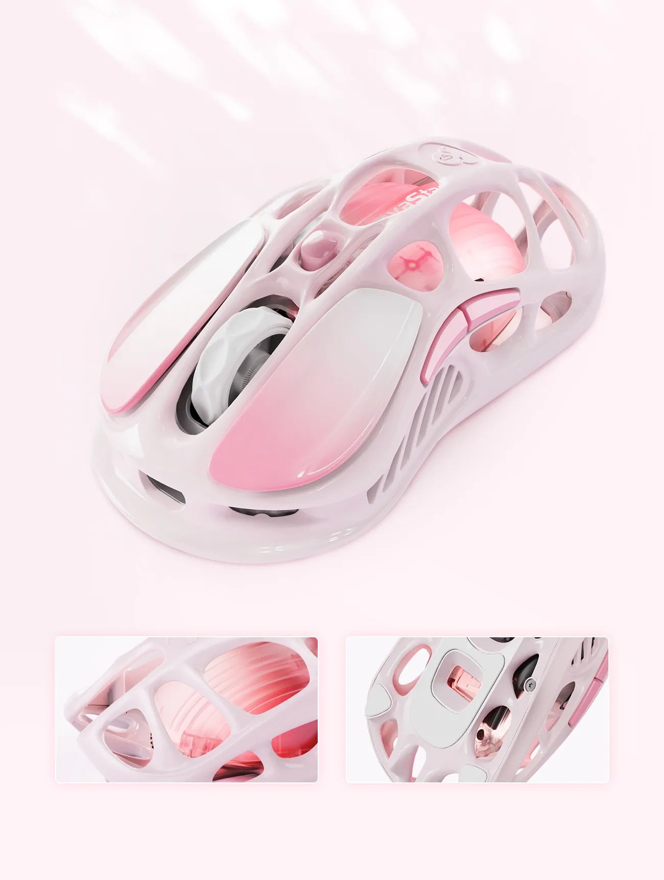 GravaStar Mercury M1 Pro Sakura Pink wireless gaming mouse showing 88g magnesium alloy skeletal chassis, ergonomic contoured shape, customizable GlowSync RGB lighting, and PAW3395 optical sensor architecture.
