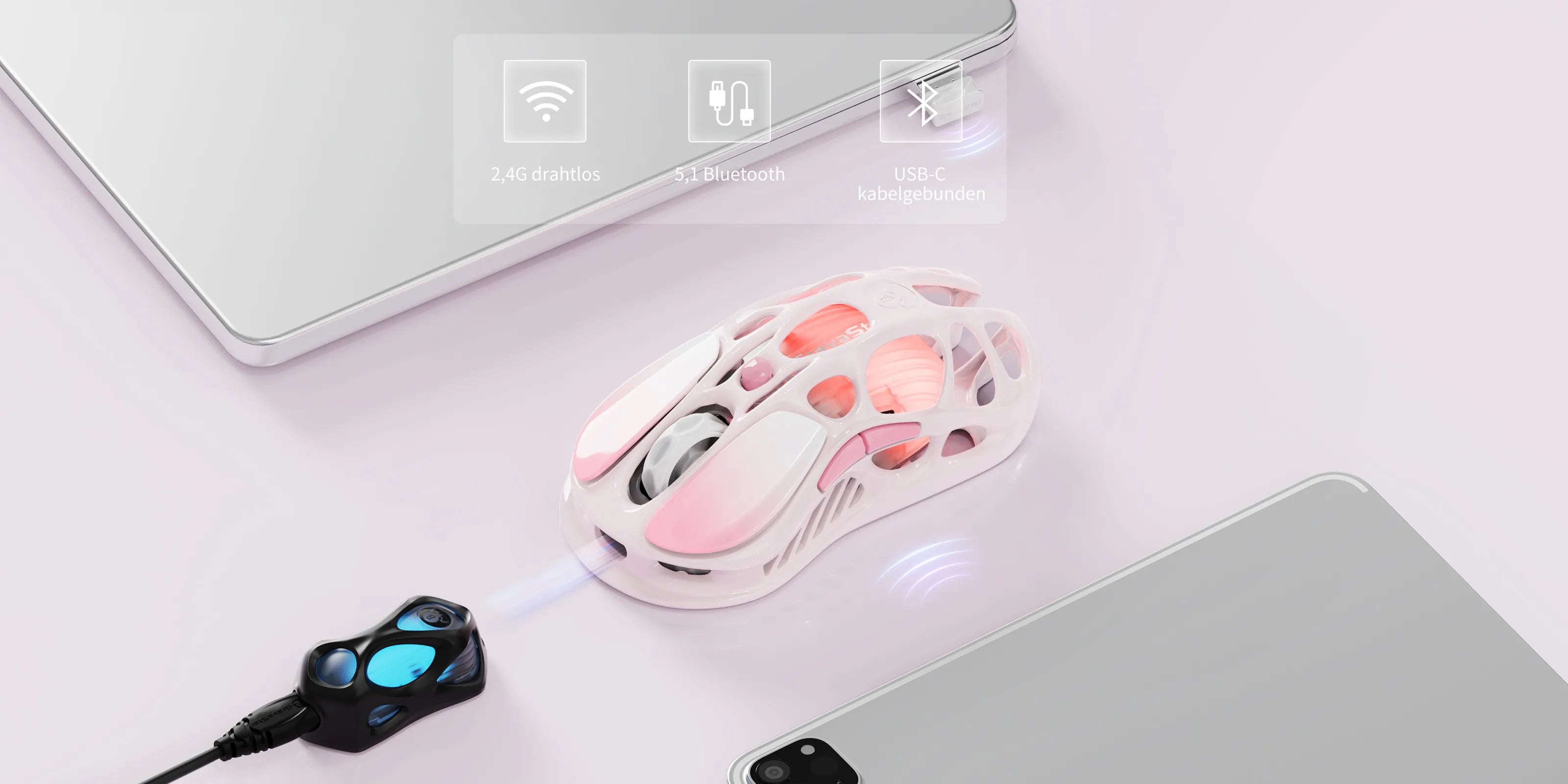 GravaStar Mercury M1 Pro Sakura Pink wireless gaming mouse connectivity diagram illustrating TURBOSPEED tri-mode options including Bluetooth 5.1, 2.4GHz wireless with 4K receiver support, and USB-C wired connection across multiple devices.