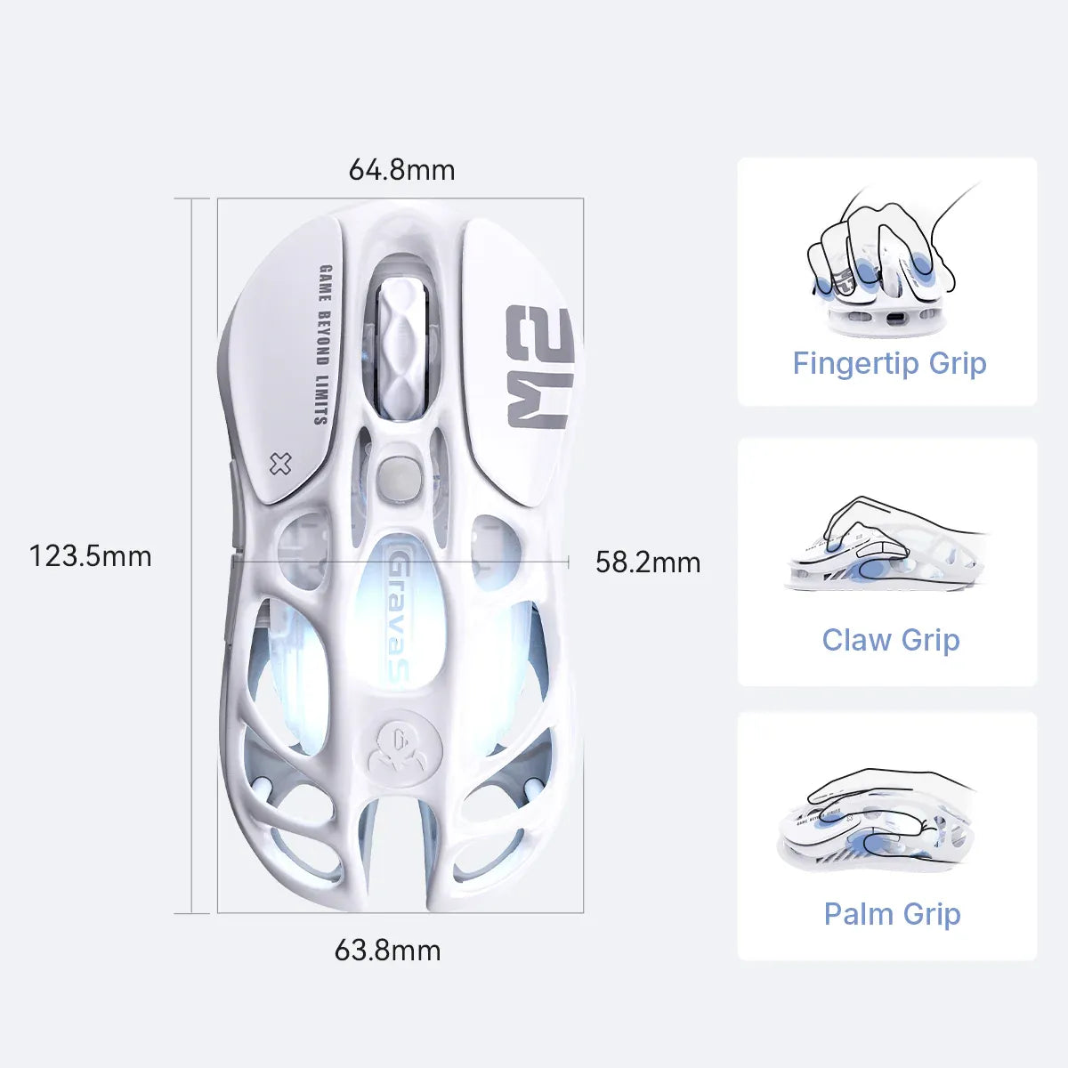 GravaStar Mercury M2 Opaline White wireless gaming mouse diagram displaying body dimensions of 123.5mm length and 64.8mm width alongside compatibility with Fingertip Grip, Claw Grip, and Palm Grip styles, powered by 79g hollow skeletal frame and PAW3395 26K DPI optical sensor.