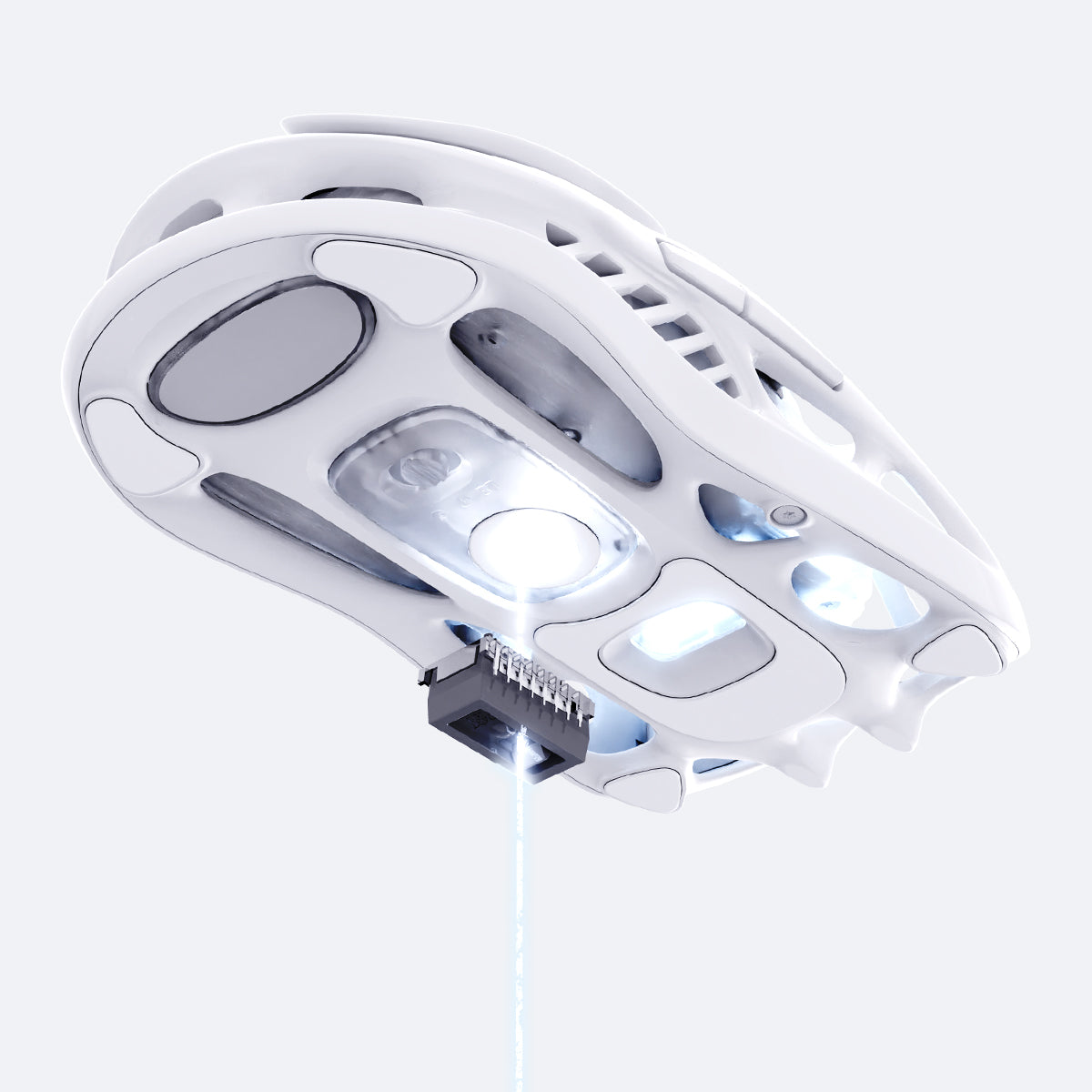GravaStar Mercury M2 Opaline White wireless gaming mouse bottom chassis detailing PAW3395 optical sensor with 26,000 DPI, 650 IPS, 50G acceleration, and PTFE foot pads.