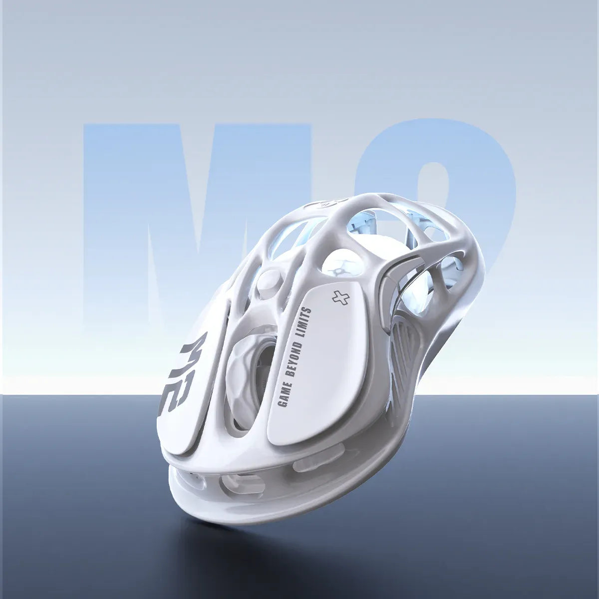GravaStar Mercury M2 Opaline White wireless gaming mouse featuring 79g hollow skeletal frame design, PAW3395 26K DPI optical sensor, 1000Hz polling rate support, 5 programmable buttons, and GLOWSYNC RGB lighting.