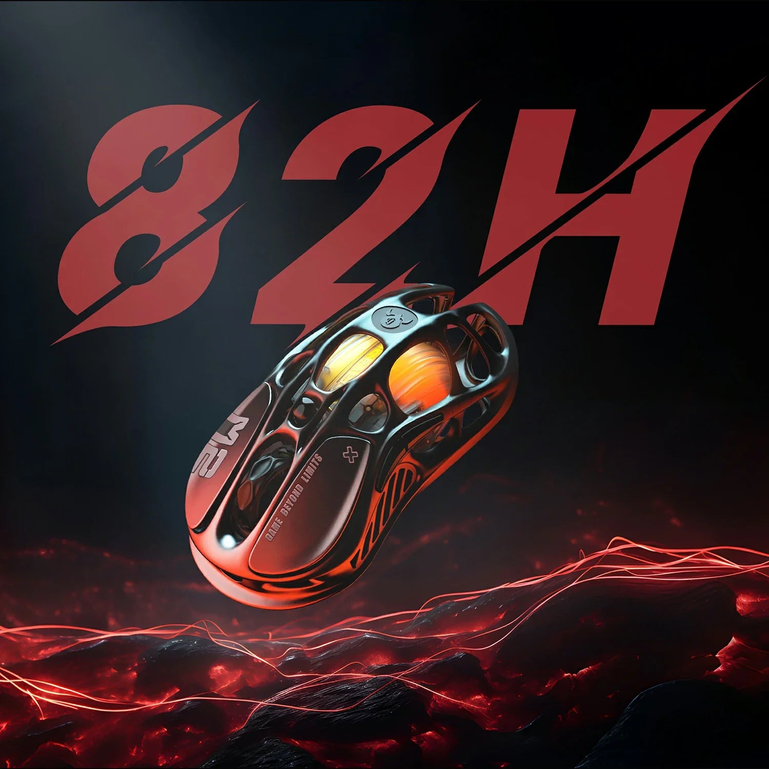 GravaStar Mercury M2 Stealth Black wireless gaming mouse infographic highlighting 82 hours long battery life in Bluetooth 5.1 mode and amber GLOWSYNC RGB lighting, powered by 79g hollow skeletal frame and PAW3395 26K DPI optical sensor.
