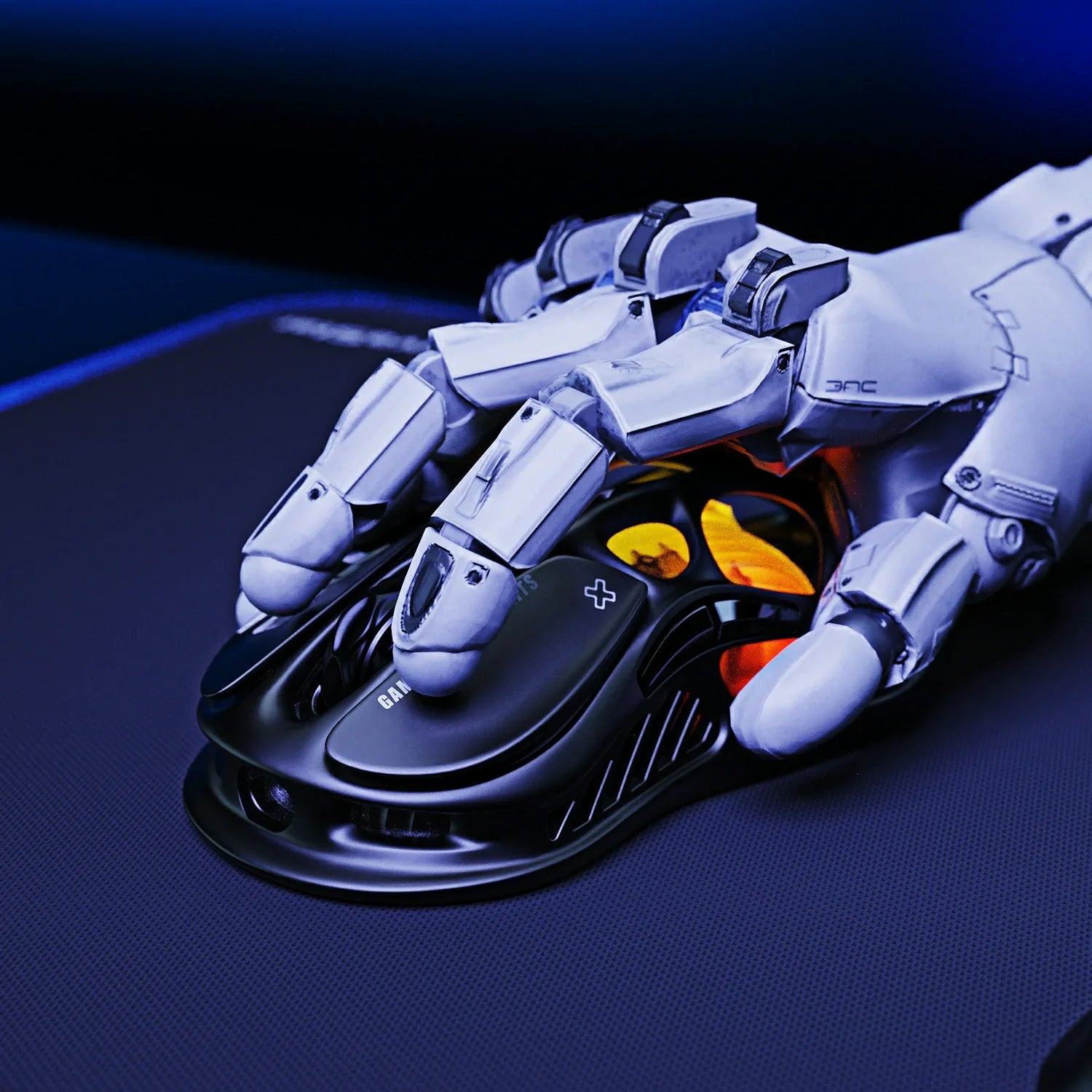 GravaStar Mercury M2 Stealth Black wireless gaming mouse tactical in-hand setup demonstrating up to 82 hours long battery life, powered by 79g hollow skeletal frame, PAW3395 26K DPI optical sensor, and customizable RGB lighting.