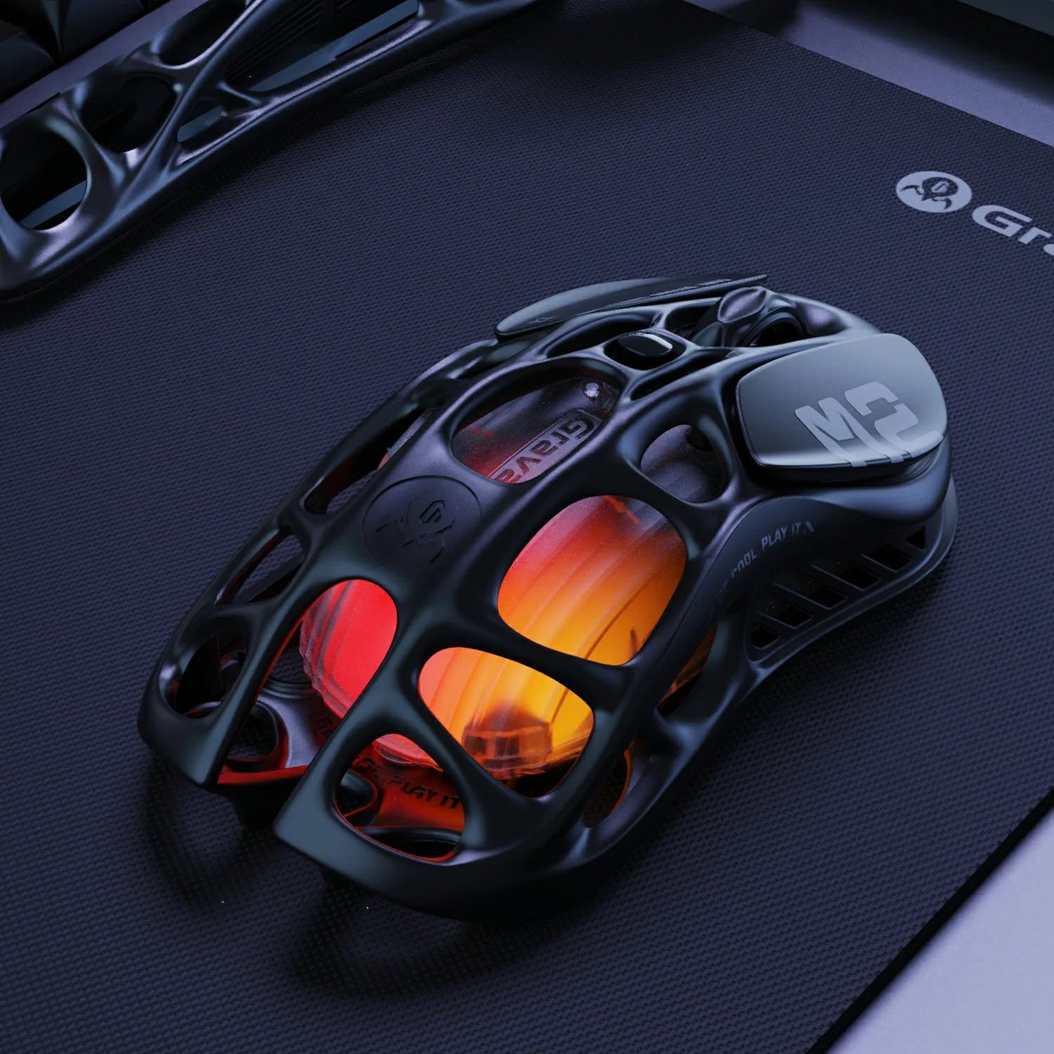 GravaStar Mercury M2 Stealth Black wireless gaming mouse diagram detailing GLOWSYNC RGB lighting effects with 16.7 million colors and 5 customizable dynamic modes including Rainbow Moving, Single-Color Breathing, Rainbow Fixed, Neon, and Mixed-Color Breathing.
