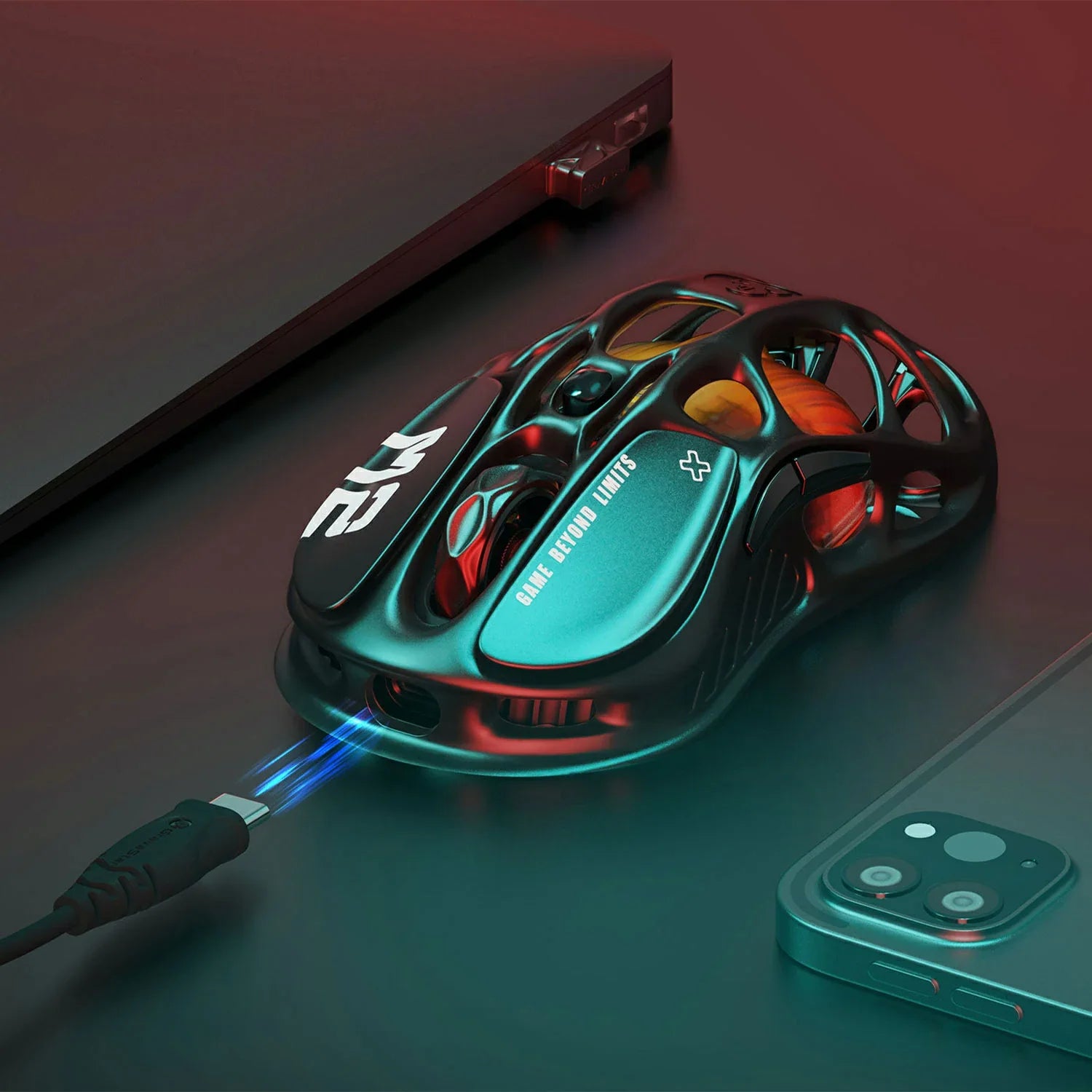 GravaStar Mercury M2 Stealth Black wireless gaming mouse diagram detailing tri-mode connectivity including Bluetooth 5.1, 2.4GHz TURBOSPEED wireless, and Type-C wired connection, powered by 79g hollow skeletal frame, PAW3395 26K DPI optical sensor, and customizable RGB lighting.