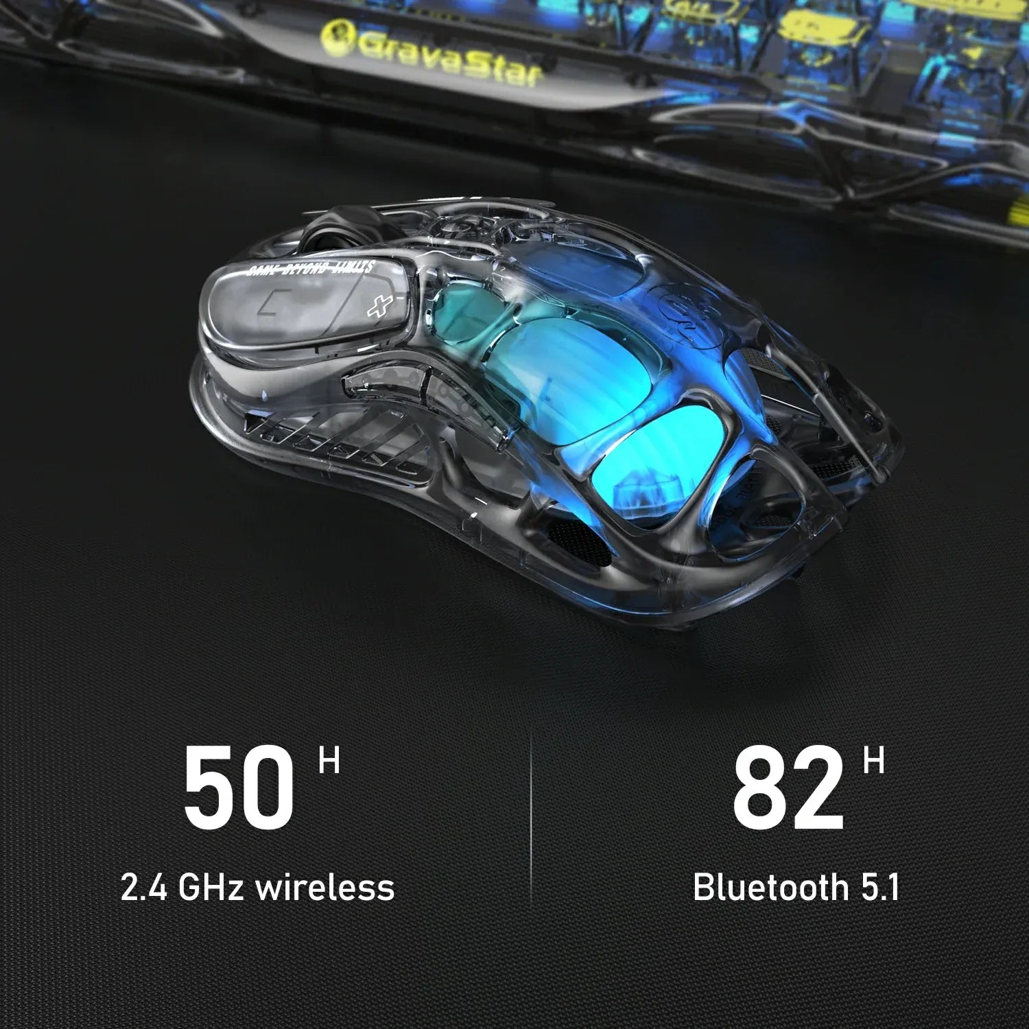 GravaStar Mercury M2 Transparent Black wireless gaming mouse battery life infographic detailing 50 hours playtime in 2.4GHz wireless mode with RGB lighting and up to 82 hours in Bluetooth 5.1 mode, powered by see-through crystal housing and PAW3395 26K DPI optical sensor.