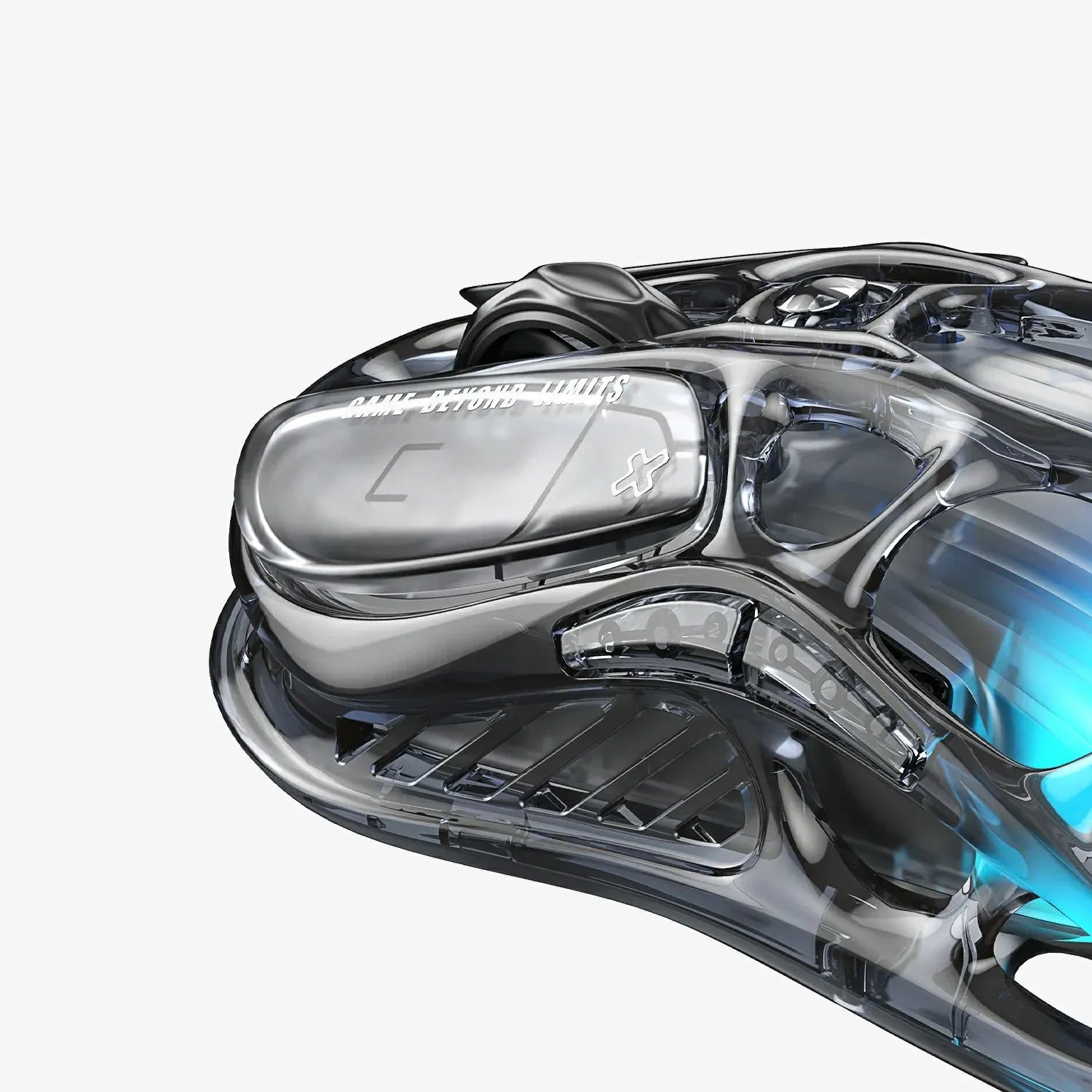 GravaStar Mercury M2 Transparent Black wireless gaming mouse close-up showcasing see-through crystal housing with tactical typography, 79g hollow skeletal frame, PAW3395 26K DPI optical sensor, and ice blue RGB lighting.