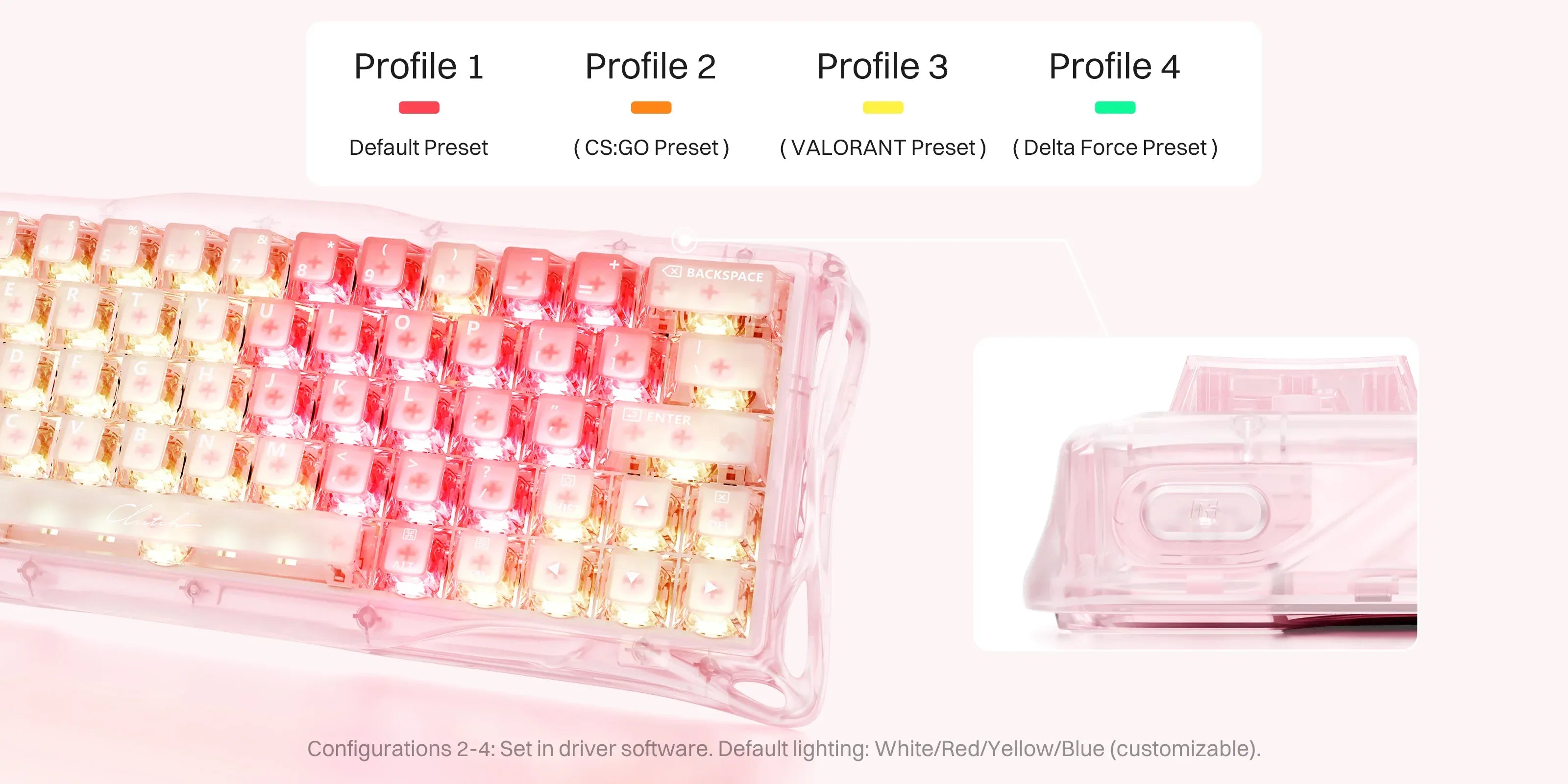 GravaStar Mercury V60 Crystal Rose 60% magnetic gaming keyboard onboard memory profile switching feature showcasing hardware button control for 4 customizable game presets including CS GO, Valorant, and Delta Force.