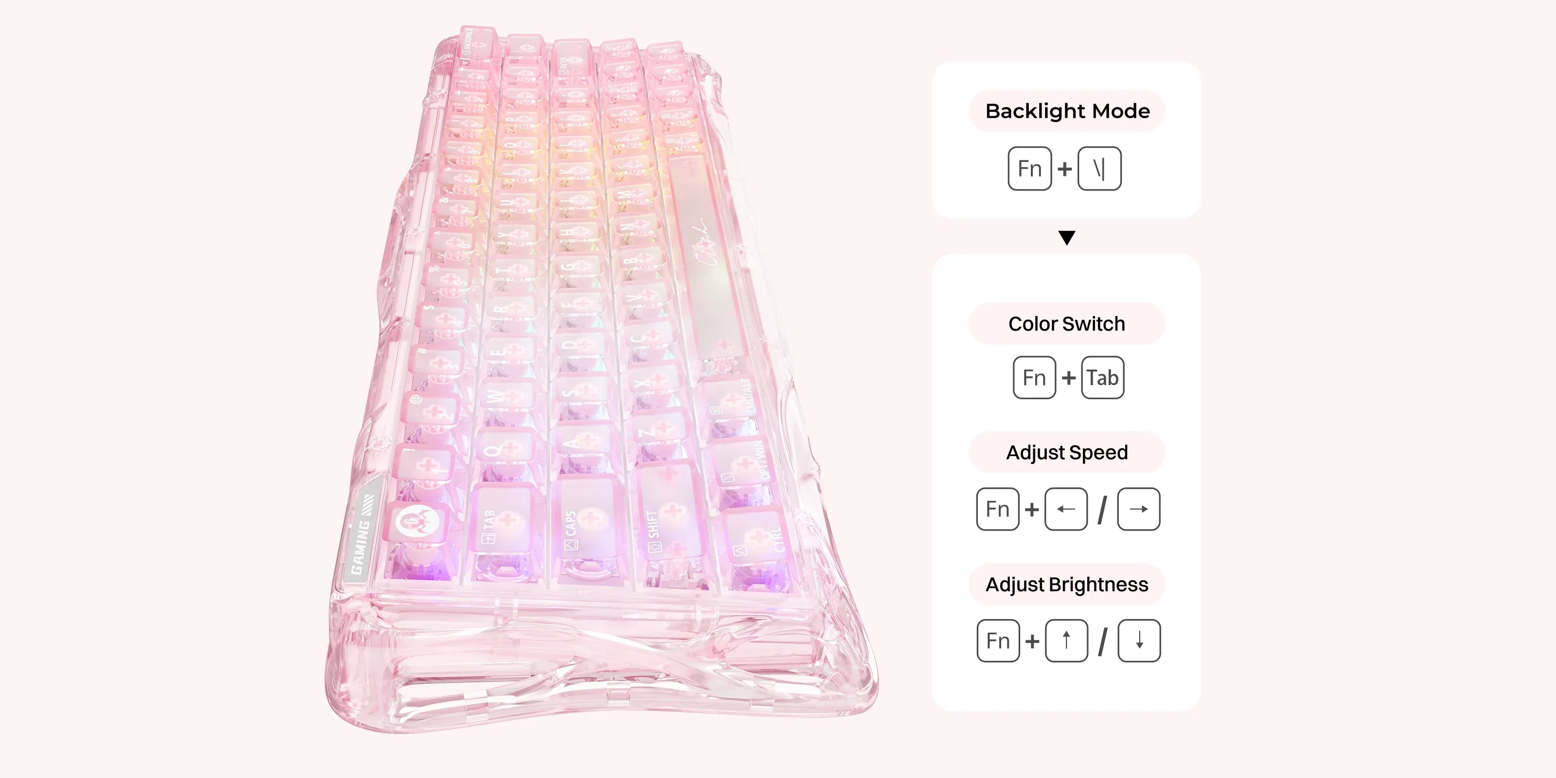 GravaStar Mercury V60 Crystal Rose 60% magnetic gaming keyboard RGB lighting shortcut guide displaying Fn key combinations for 22 dynamic lighting modes, color switching, speed adjustment, and brightness level control.