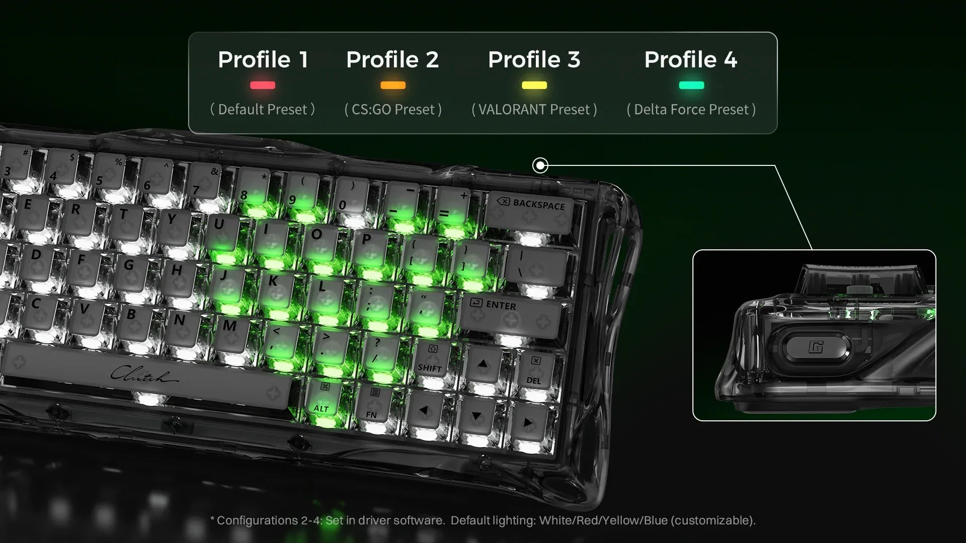 GravaStar Mercury V60 Onyx Crystal 60% transparent magnetic gaming keyboard onboard memory profile switching feature showcasing hardware button control for 4 customizable game presets including CS GO, Valorant, and Delta Force.