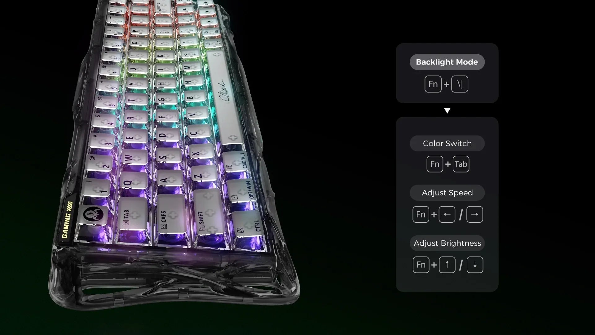 GravaStar Mercury V60 Onyx Crystal 60% transparent magnetic gaming keyboard RGB lighting shortcut guide displaying Fn key combinations for 22 dynamic lighting modes, color switching, speed adjustment, and brightness level control.