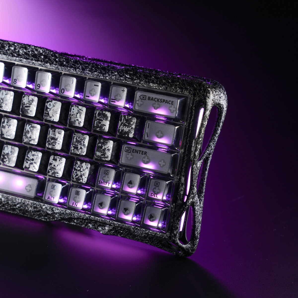 GravaStar Mercury V60 Pro Special Edition Cyber Frost Black 60% compact aluminum gaming keyboard macro view featuring forged carbon texture chassis, translucent keycaps, purple RGB backlighting, True 8kHz polling rate, 0.125ms low latency, and UFO magnetic switches.