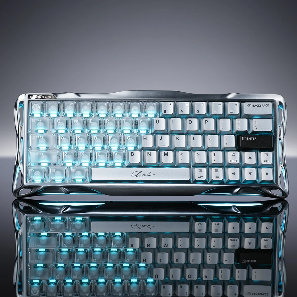 GravaStar Mercury V60 Pro Deluxe Edition Chrome Silver 60% compact aluminum gaming keyboard top-down view featuring full frosted transparent PC keycaps, ice blue RGB backlighting, white UFO magnetic switches, True 8kHz polling rate, and 0.125ms low latency.