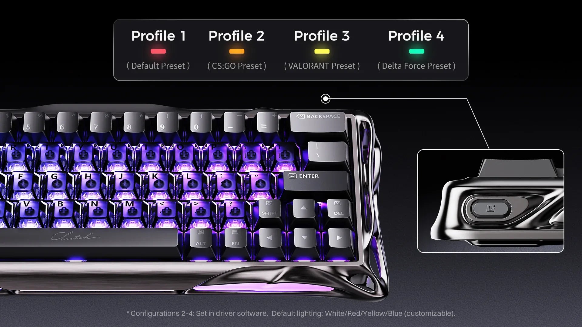 GravaStar Mercury V60 Pro Deluxe Edition Chrome Silver 60% compact aluminum gaming keyboard onboard memory profile switching feature showcasing hardware button control for 4 customizable game presets including CS GO, Valorant, and Delta Force.