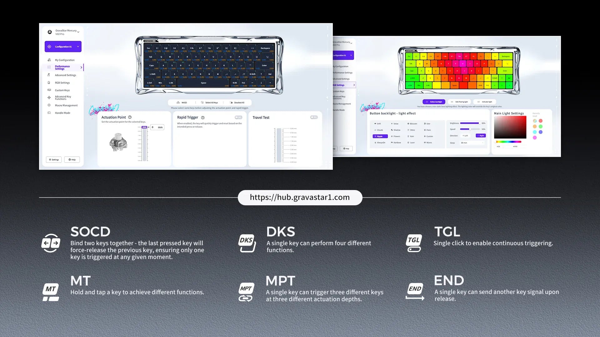 GravaStar Mercury V60 Pro Deluxe Edition 60% compact aluminum gaming keyboard web-based driver interface breakdown showcasing no-software online configuration, SOCD snap click counter-strafe optimization, DKS dynamic key stroke, TGL, MT, MPT, and END custom key mapping functions.
