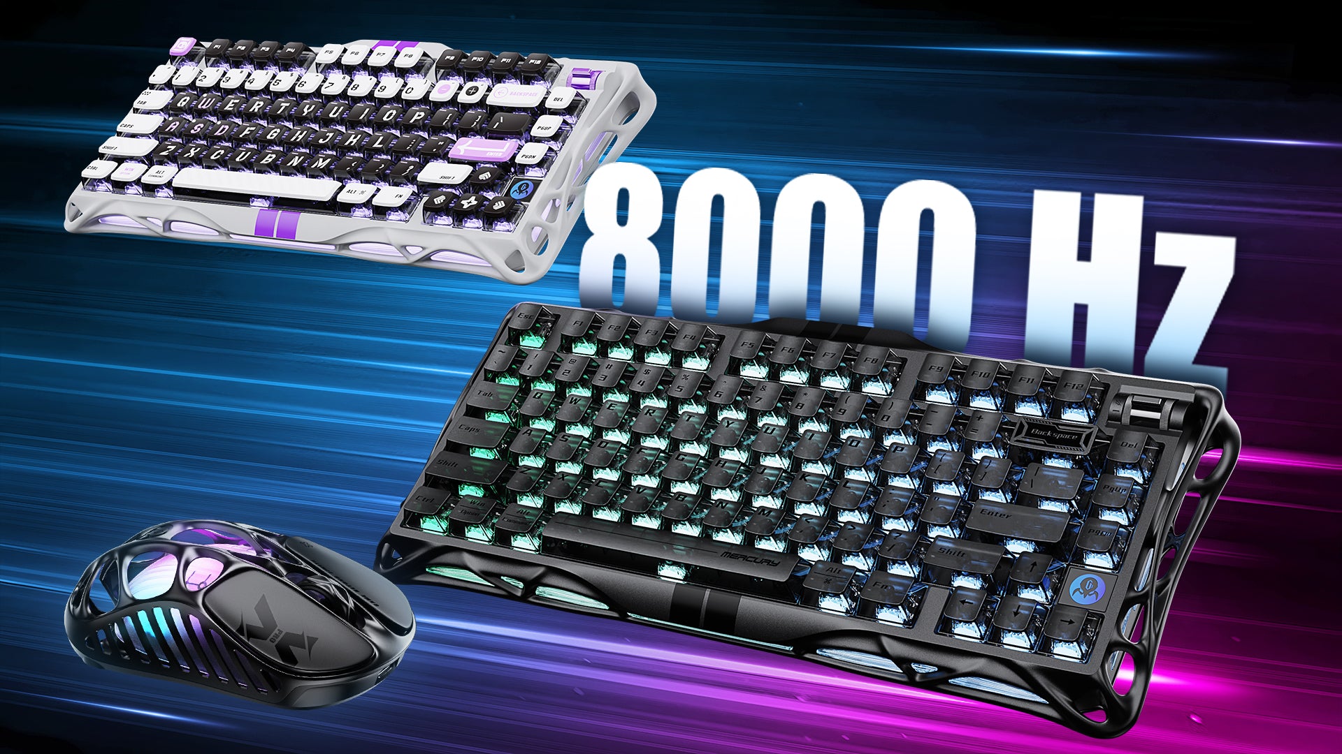 GravaStar Mercury V75 HE Hall Effect magnetic gaming keyboard in Stealth Black and Mecha Gray displaying native 8000Hz polling rate and 0.125ms low latency, paired with Gateron Magnetic Jade Pro switches, Rapid Trigger 0.005mm precision, customizable RGB lighting, and Mercury X Pro 8KHz magnesium alloy gaming mouse.