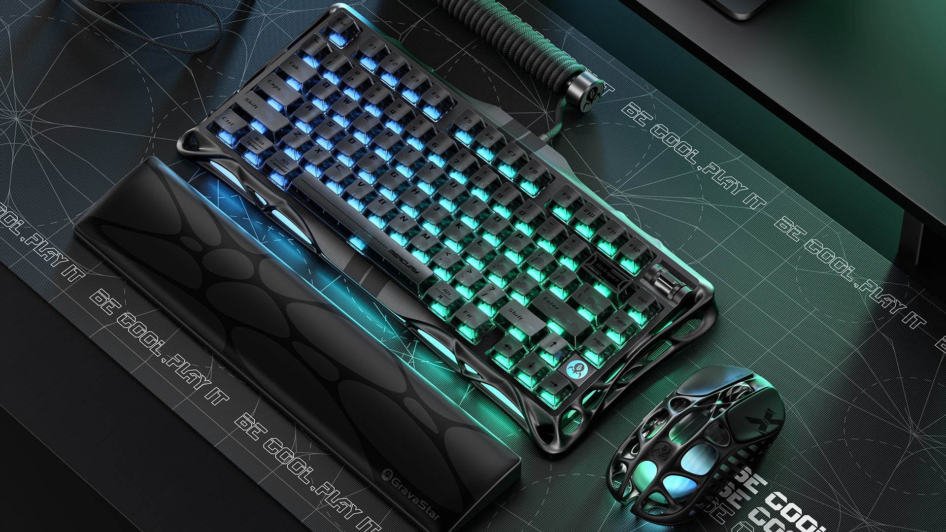 GravaStar 8000Hz Ultra-Fast Hall Effect Gaming Set Stealth Black studio setup featuring Mercury V75 HE magnetic keyboard with 0.125ms latency, Gateron Magnetic Jade Pro switches, Mercury X Pro 8KHz 49g magnesium alloy wireless mouse, Mars Pro Black speaker, and Coiled Aviator USB Cable.