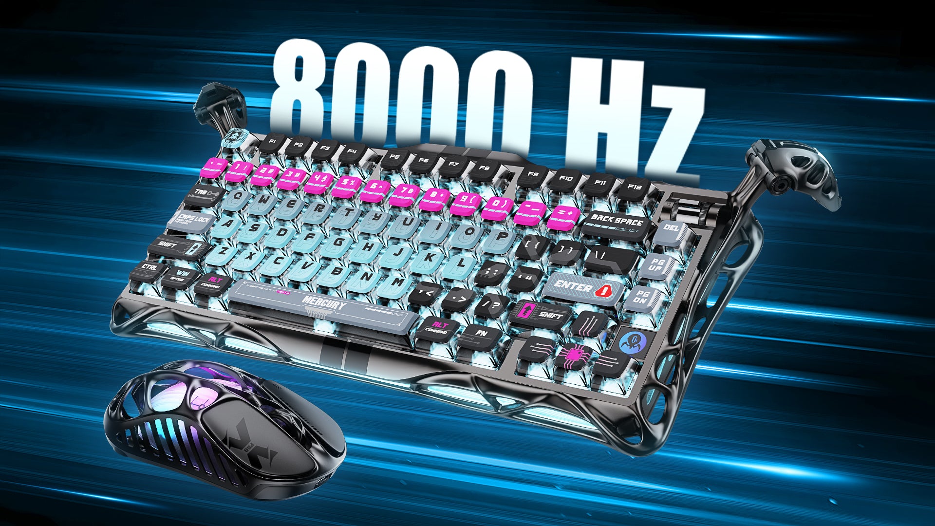 GravaStar Mercury V75 Pro Cyberpunk Hall Effect magnetic gaming keyboard displaying native 8000Hz polling rate and 0.125ms low latency, paired with GravaStar UFO Hall Effect magnetic switches, pink cyan neon gradient keycaps, customizable RGB backlighting, and Mercury X Pro 8KHz magnesium alloy gaming mouse.