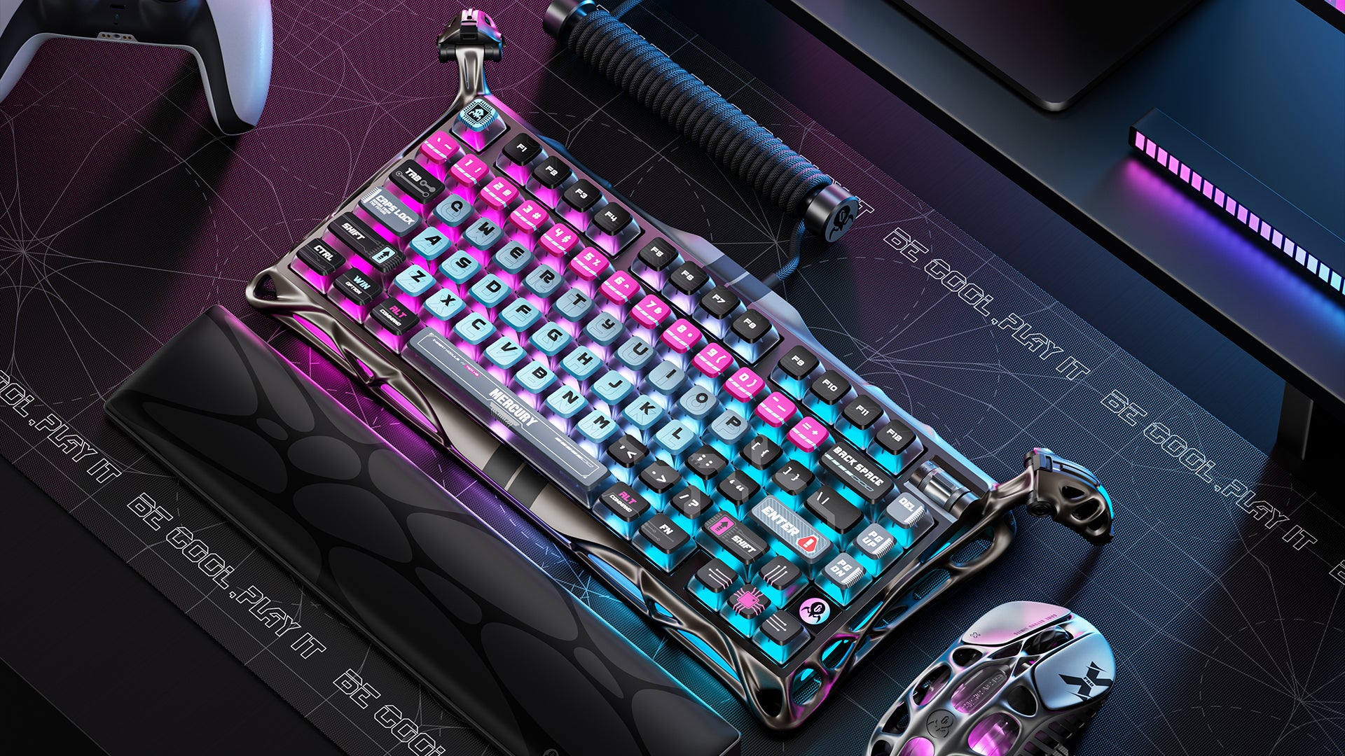 GravaStar HE 8000Hz Ultra-Fast Hall Effect Gaming Set Cyberpunk studio setup featuring Mercury V75 Pro magnetic keyboard with 0.125ms latency, glowing core sphere, pink cyan neon gradient keycaps, Mercury X Pro 8KHz 49g magnesium alloy wireless mouse, Coiled Aviator USB Cable, and GravaStar gaming deskmat.