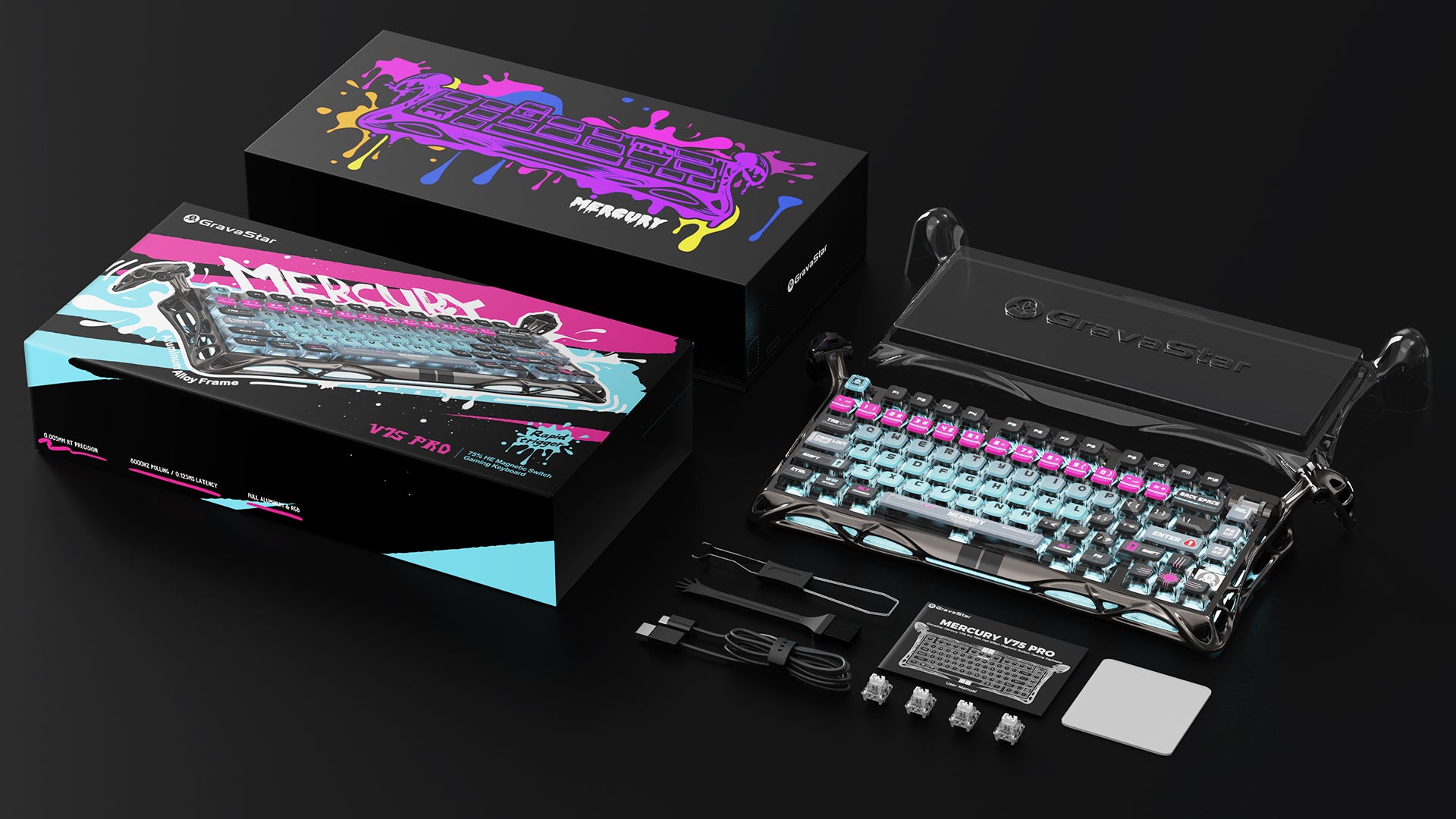 GravaStar Mercury V75 Pro Cyberpunk Edition magnetic gaming keyboard unboxing layout showcasing dual-style packaging boxes, transparent dust cover, Type-C cable, keycap and switch puller, extra GravaStar x Gateron Magnetic Jade Pro switches, cleaning cloth, and brush.