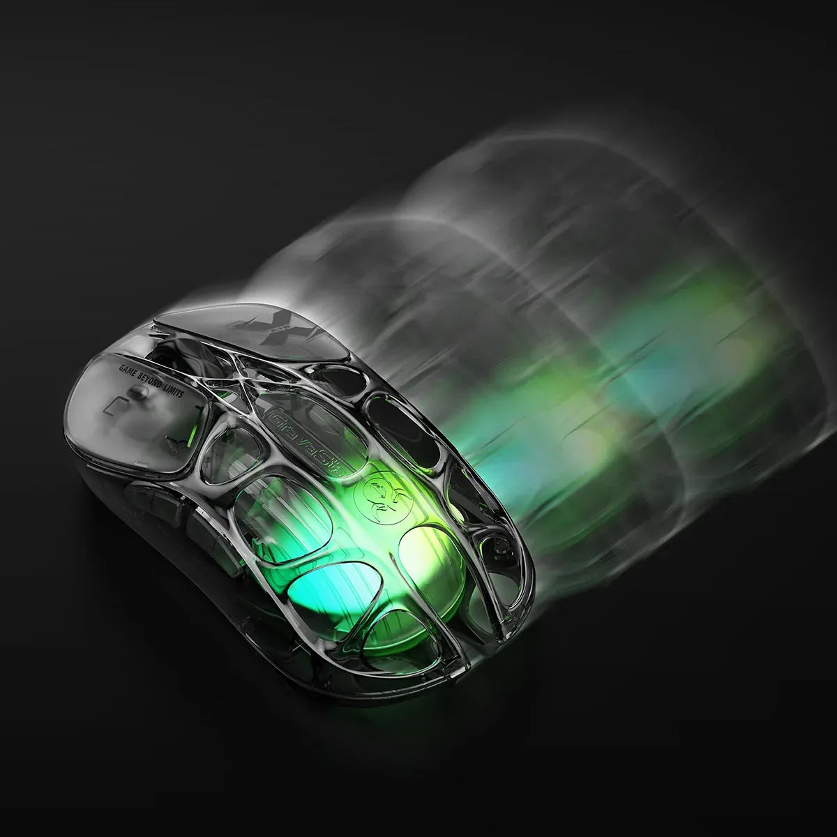 GravaStar Mercury X Air 8KHz Onyx Crystal wireless gaming mouse showcasing 56g ultralight open-frame transparent body, PixArt PAW 3950 32K DPI sensor, native 8000Hz polling rate, 0.125ms ultra-low latency, and GLOWSYNC RGB lighting for fast-paced FPS esports gaming.