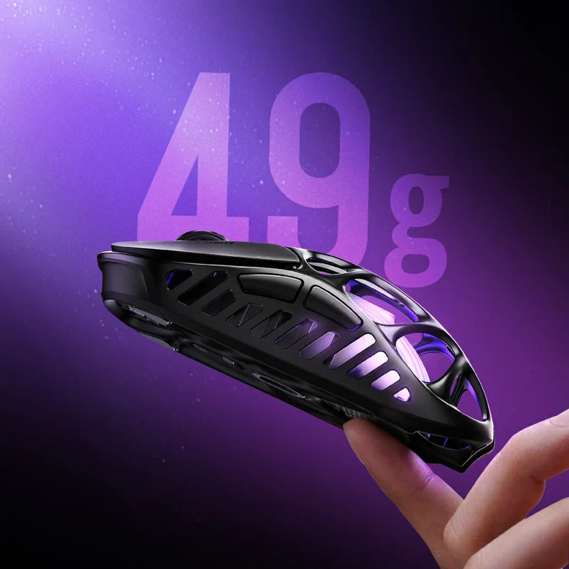 GravaStar Mercury X Pro 8KHz wireless gaming mouse 49g ultralight single-finger lift showcase highlighting 0.8mm magnesium alloy open-frame skeleton design, PixArt PAW 3950 32K DPI sensor, native 8000Hz polling rate, and customizable RGB lighting.