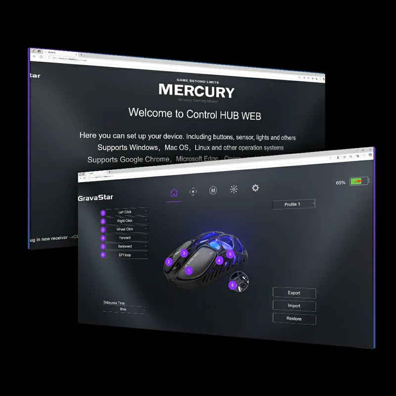 GravaStar Mercury X Pro 8KHz wireless gaming mouse Control HUB WEB driver software interface displaying web-based customization for 5 programmable buttons, macro profile configuration, sensor parameters, and customizable RGB lighting settings across Windows and Mac OS.