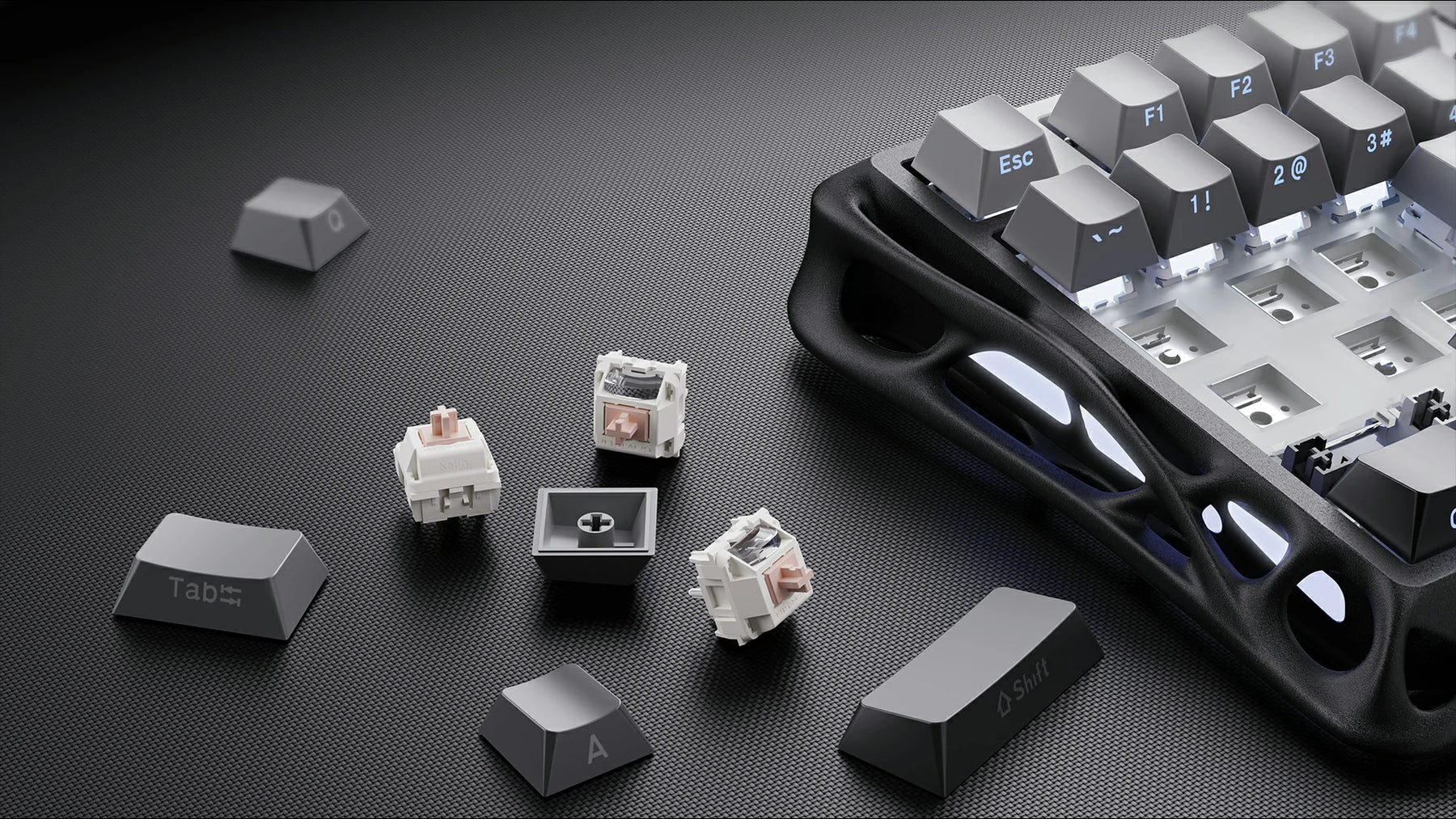 GravaStar Pro Gaming Set Gradient Black Mercury K1 75% wireless mechanical gaming keyboard macro view featuring aluminum alloy skeletal frame, hot-swappable Kailh linear switches, and gradient PBT keycaps.