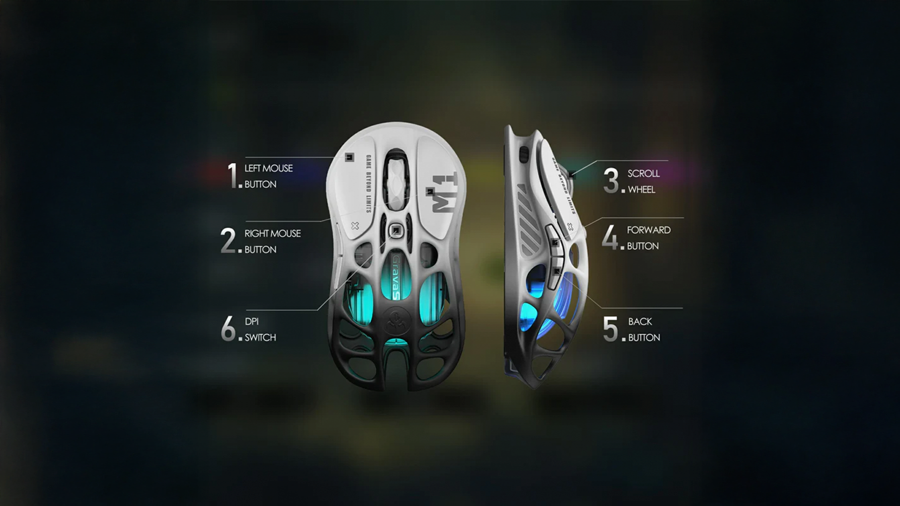 GravaStar Pro Gaming Set Gradient Black Mercury M1 Pro wireless gaming mouse layout diagram highlighting 6 programmable buttons including left right click, scroll wheel, forward back side buttons, and DPI switch.
