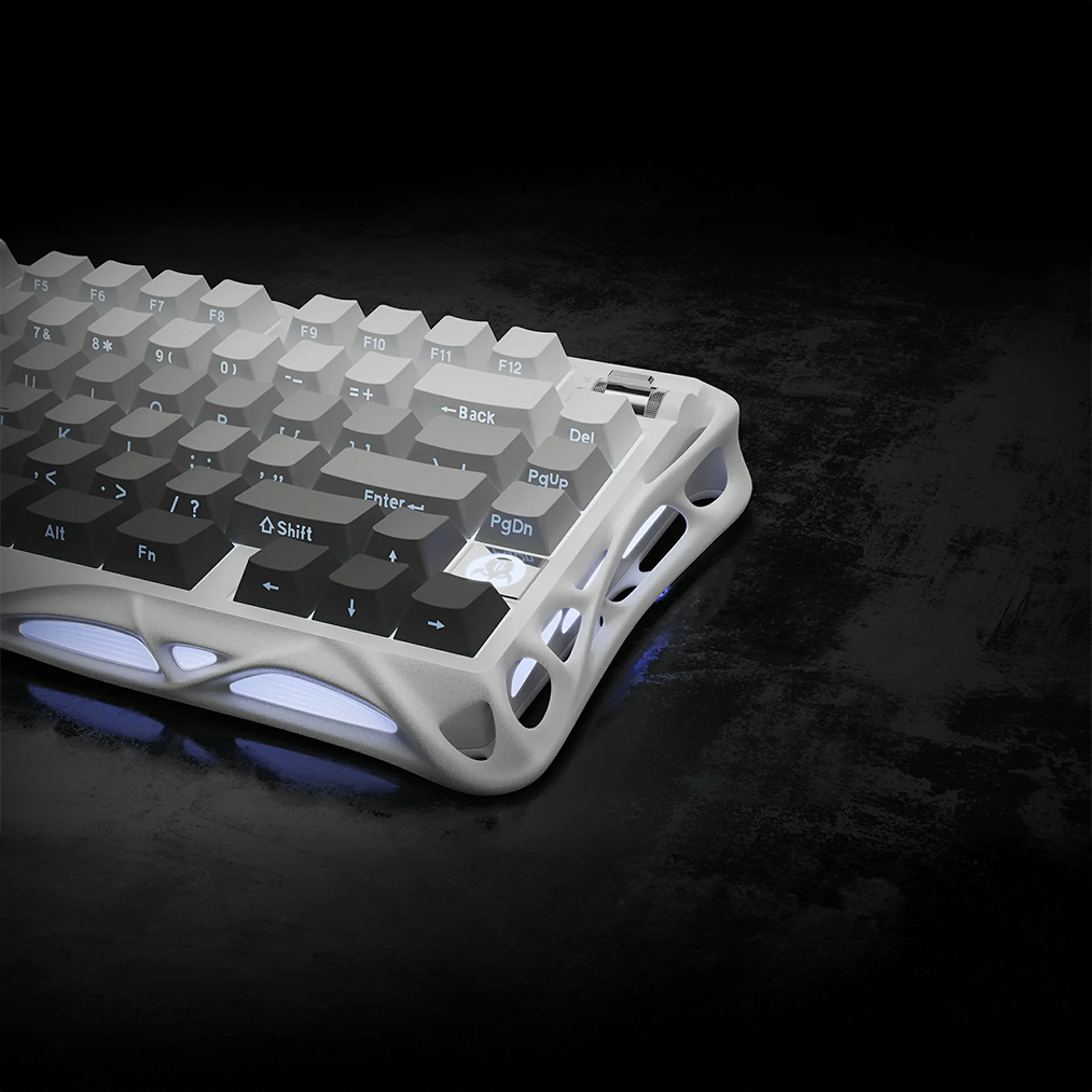 GravaStar Pro Gaming Set Gradient White Mercury K1 75% wireless mechanical gaming keyboard rear side view featuring gradient white aluminum skeletal frame, gradient shine-through keycaps, and ice blue RGB backlight.