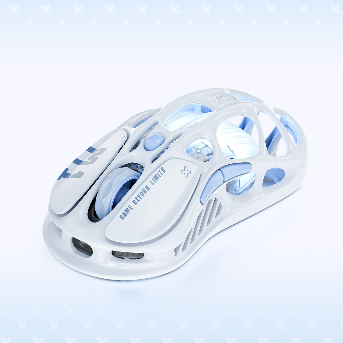 GravaStar Pro Gaming Set Ice Blue Mercury M1 Pro wireless gaming mouse perspective view showing hollowed-out magnesium alloy skeleton and ice blue RGB lighting effect.