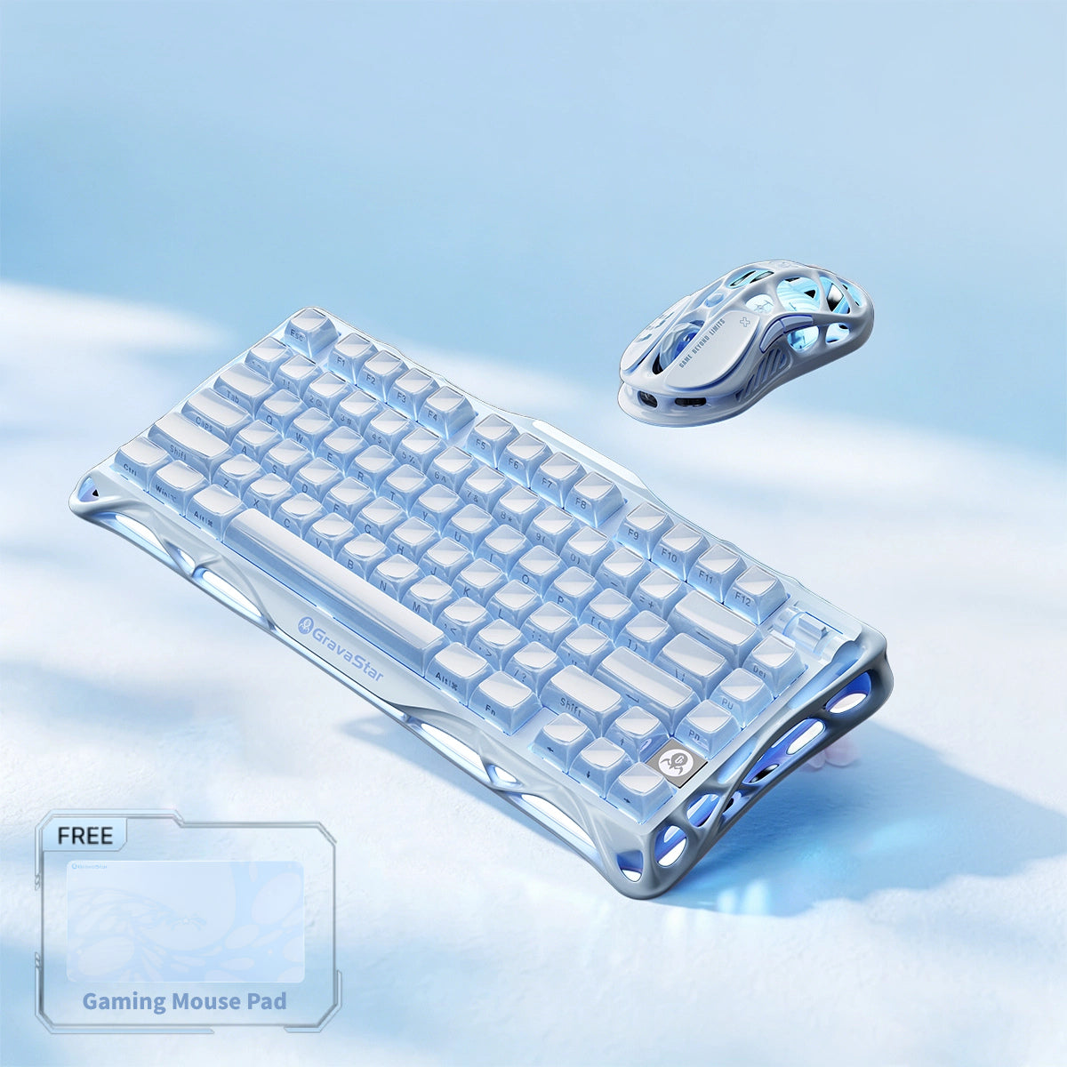 GravaStar Pro Gaming Set Ice Blue studio bundle overview featuring Mercury K1 Special Edition 75% wireless mechanical keyboard, Mercury M1 Pro 88g magnesium mouse, and FREE Gaming Mouse Pad tag, perfect paired with Supernova speaker.