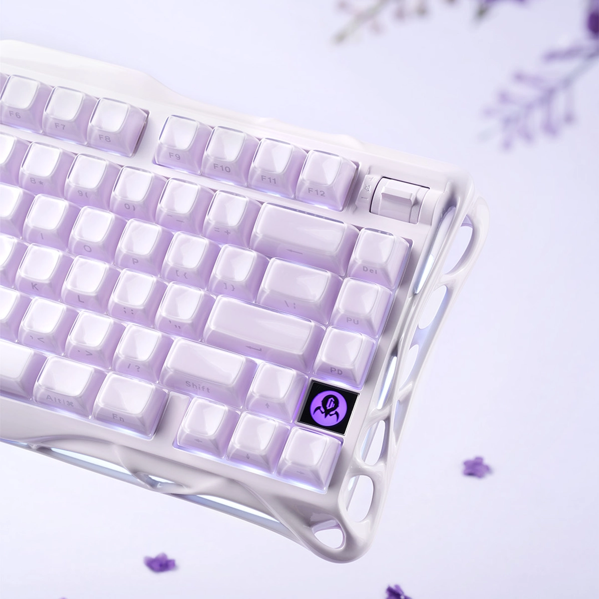 GravaStar Pro Gaming Set Lavender Purple Mercury K1 Special Edition mechanical keyboard keycaps detail view showcasing custom keycap texture, aluminum alloy skeletal frame, and RGB backlight glow.