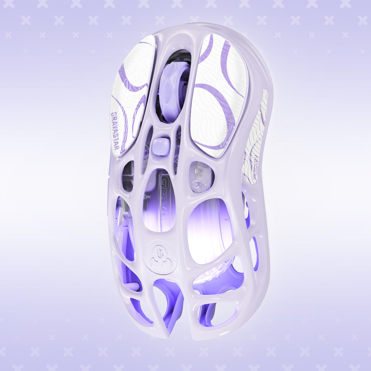 GravaStar Pro Gaming Set Lavender Purple Mercury M1 Pro wireless gaming mouse top-down view featuring 88g skeletal magnesium frame, PAW3395 sensor, and GlowSync RGB backlighting.