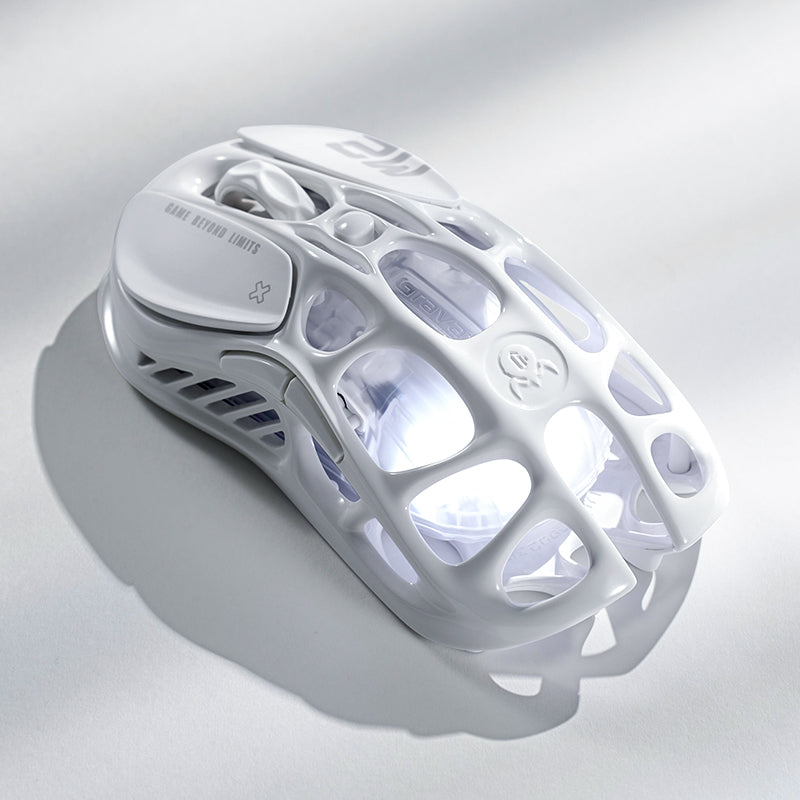 GravaStar Pro Gaming Set Opaline White Mercury M2 wireless gaming mouse angled view featuring 88g skeletal magnesium frame and GlowSync RGB backlighting.