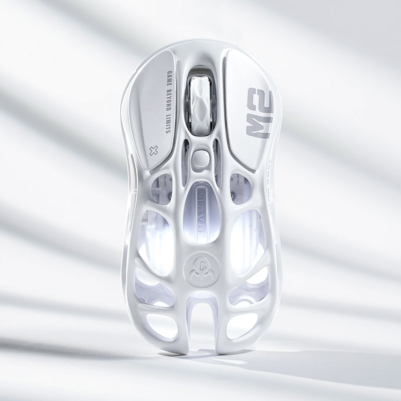 GravaStar Pro Gaming Set Opaline White Mercury M2 wireless gaming mouse top-down view featuring 88g skeletal magnesium frame, PAW3395 sensor, and GlowSync RGB backlighting.