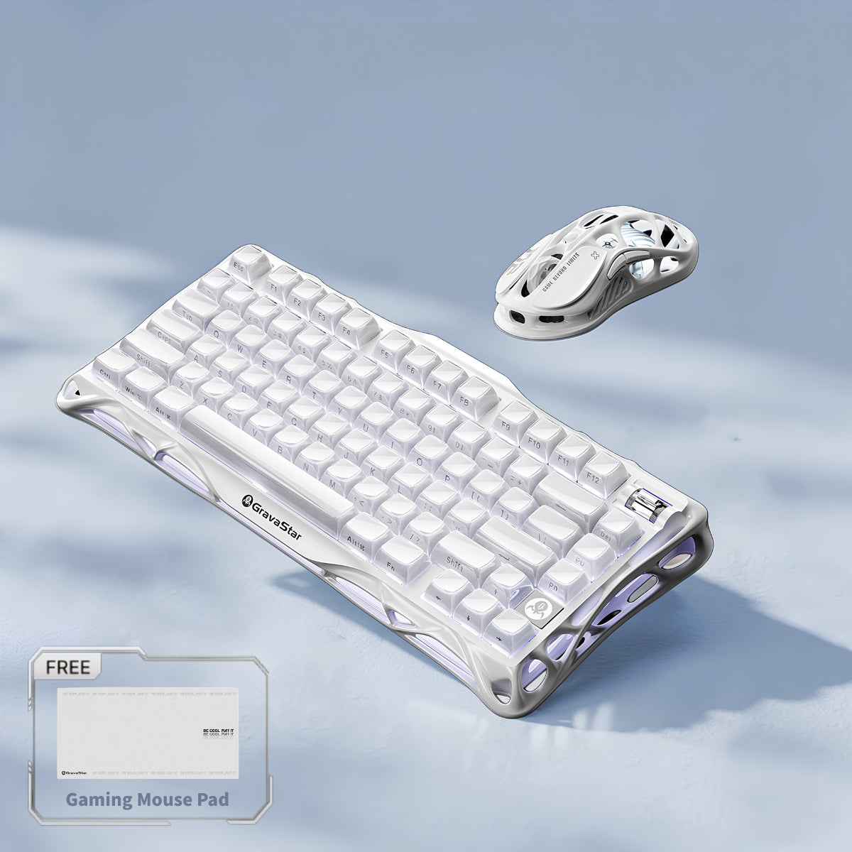 GravaStar Pro Gaming Set Opaline White studio bundle overview featuring Mercury K1 Opaline White 75% mechanical keyboard, Mercury M2 88g magnesium mouse, and FREE Gaming Mouse Pad tag, perfect paired with Supernova White speaker.