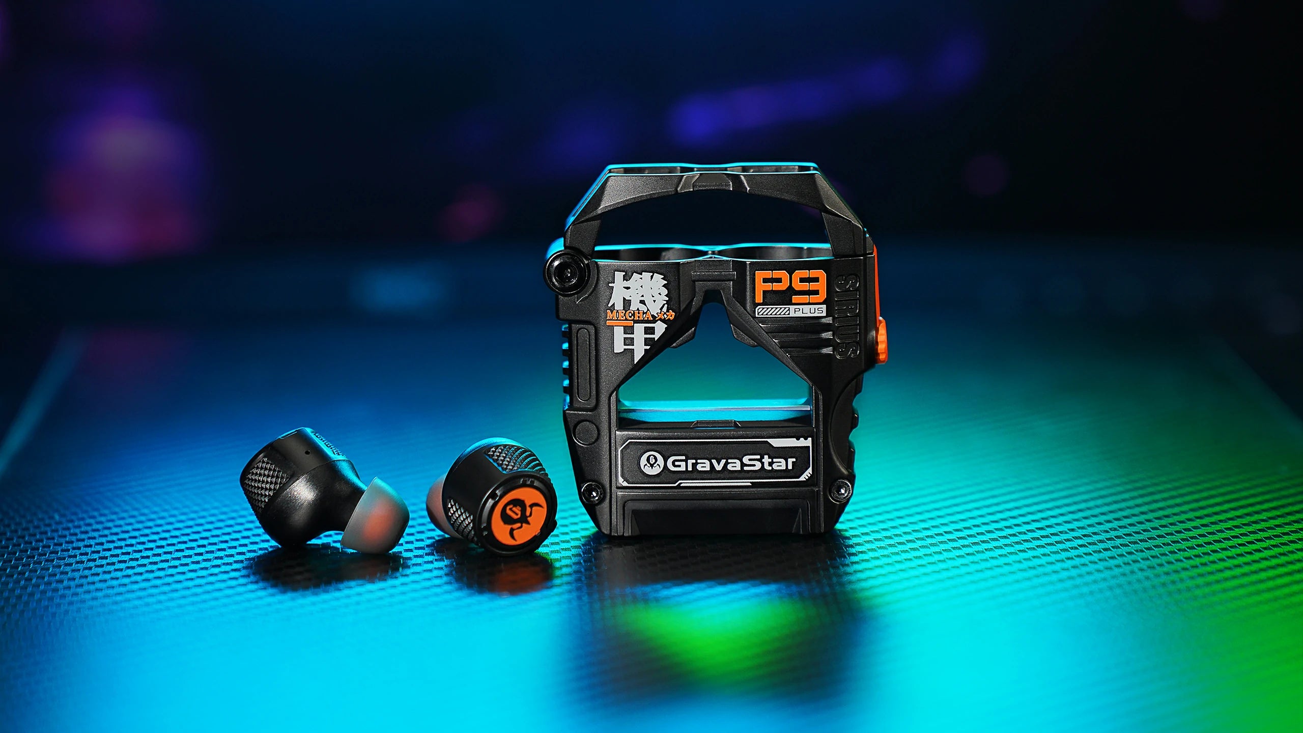 GravaStar Sirius Plus Black wireless ANC earbuds set displaying matte black zinc aluminium alloy mecha charging case with bottle opener design, dual earbuds, 10mm dynamic drivers, and RGB lighting.
