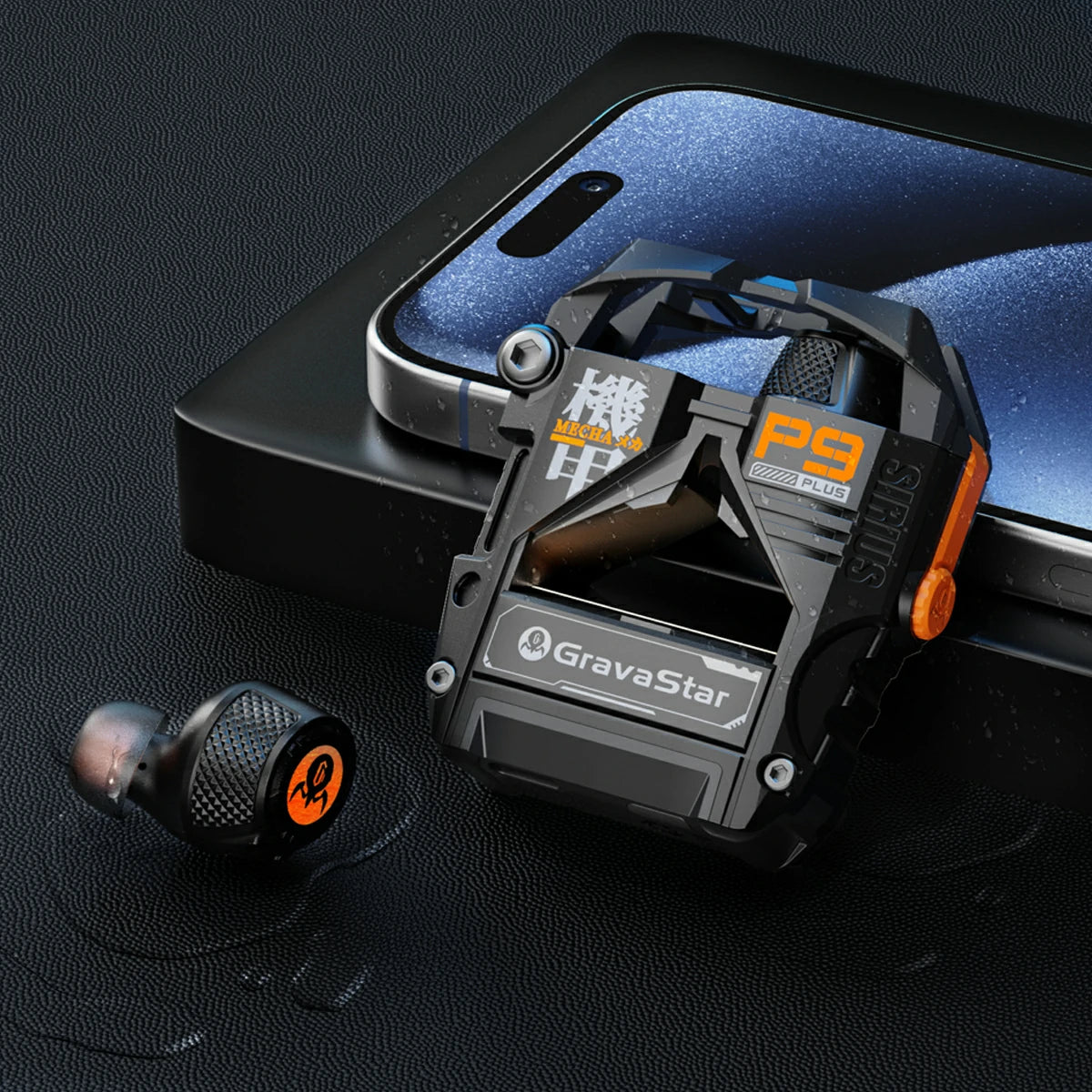 GravaStar Sirius Plus Black wireless ANC earbuds set on textured leather mat showcasing matte black zinc aluminium alloy mecha charging case, bottle opener shell, 10mm dynamic drivers, and Bluetooth 5.3 architecture.