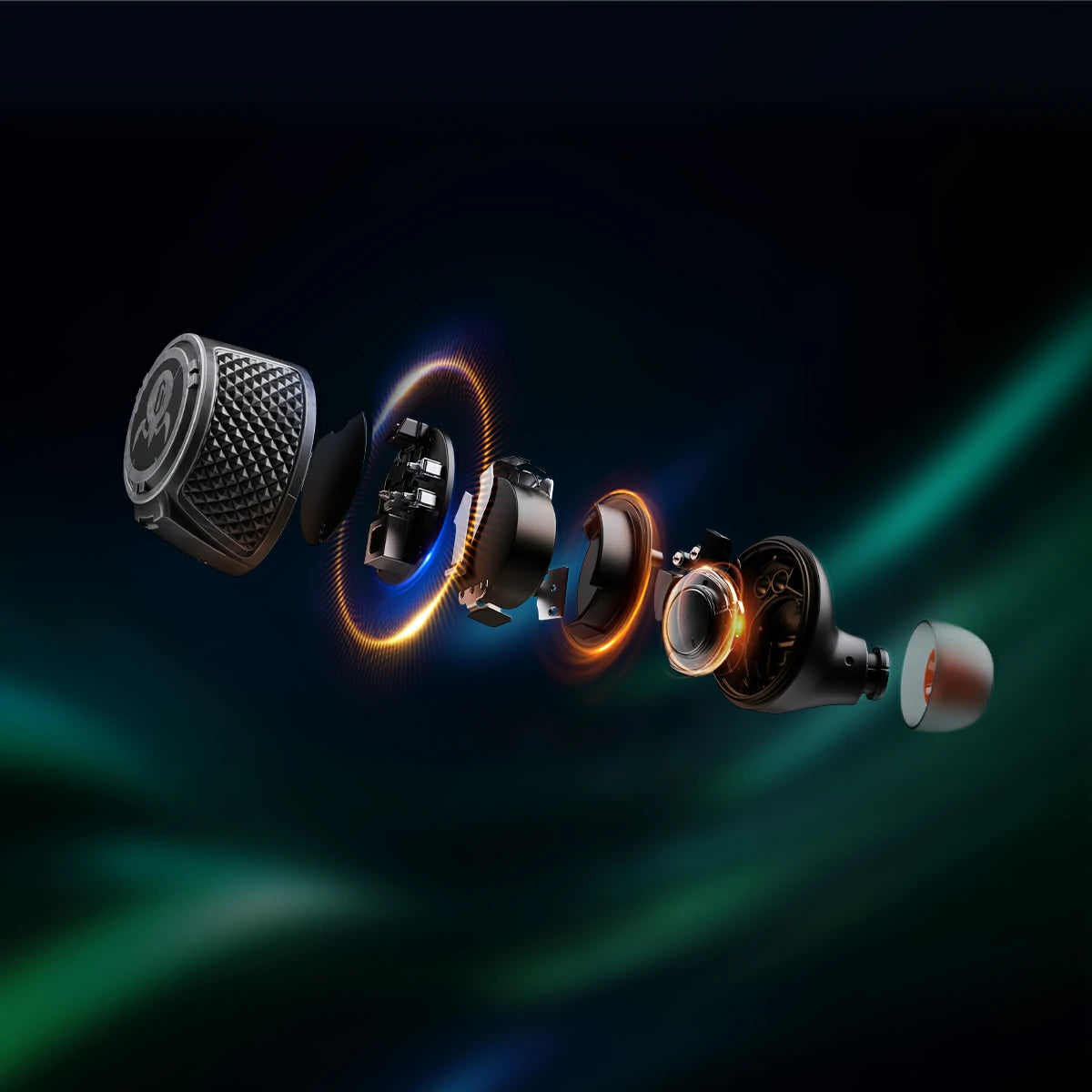 GravaStar Sirius Plus Special Edition War-Damaged Yellow wireless ANC earbud component explosion diagram detailing 10mm composite diaphragm dynamic driver, acoustic nozzle, voice coil, and Bluetooth 5.3 circuit board architecture.