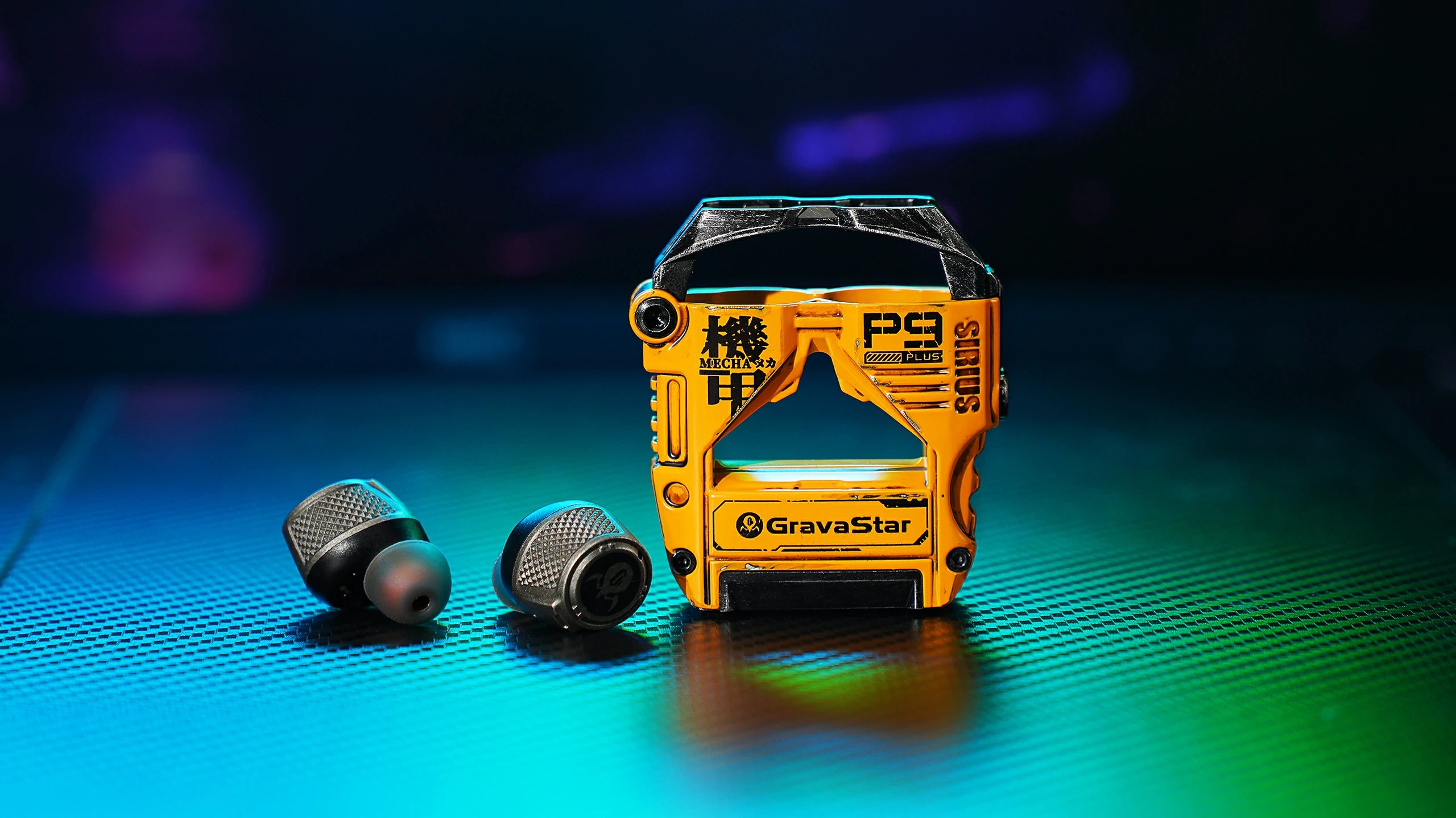 GravaStar Sirius Plus Special Edition War-Damaged Yellow wireless ANC earbuds set displaying handcrafted weathered yellow zinc aluminium alloy mecha charging case with bottle opener design, dual earbuds, 10mm dynamic drivers, and RGB lighting.