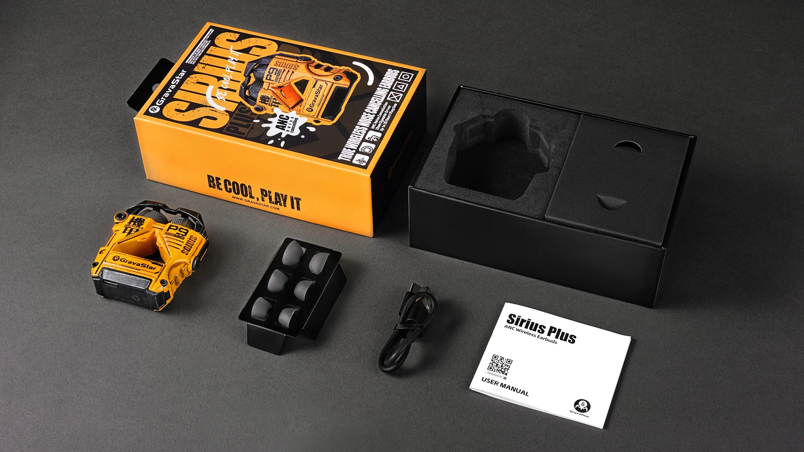 GravaStar Sirius Plus Special Edition War-Damaged Yellow wireless ANC earbuds full width banner featuring open handcrafted weathered yellow zinc aluminium alloy mecha charging case, bottle opener shell, 10mm dynamic drivers, and hybrid ANC.