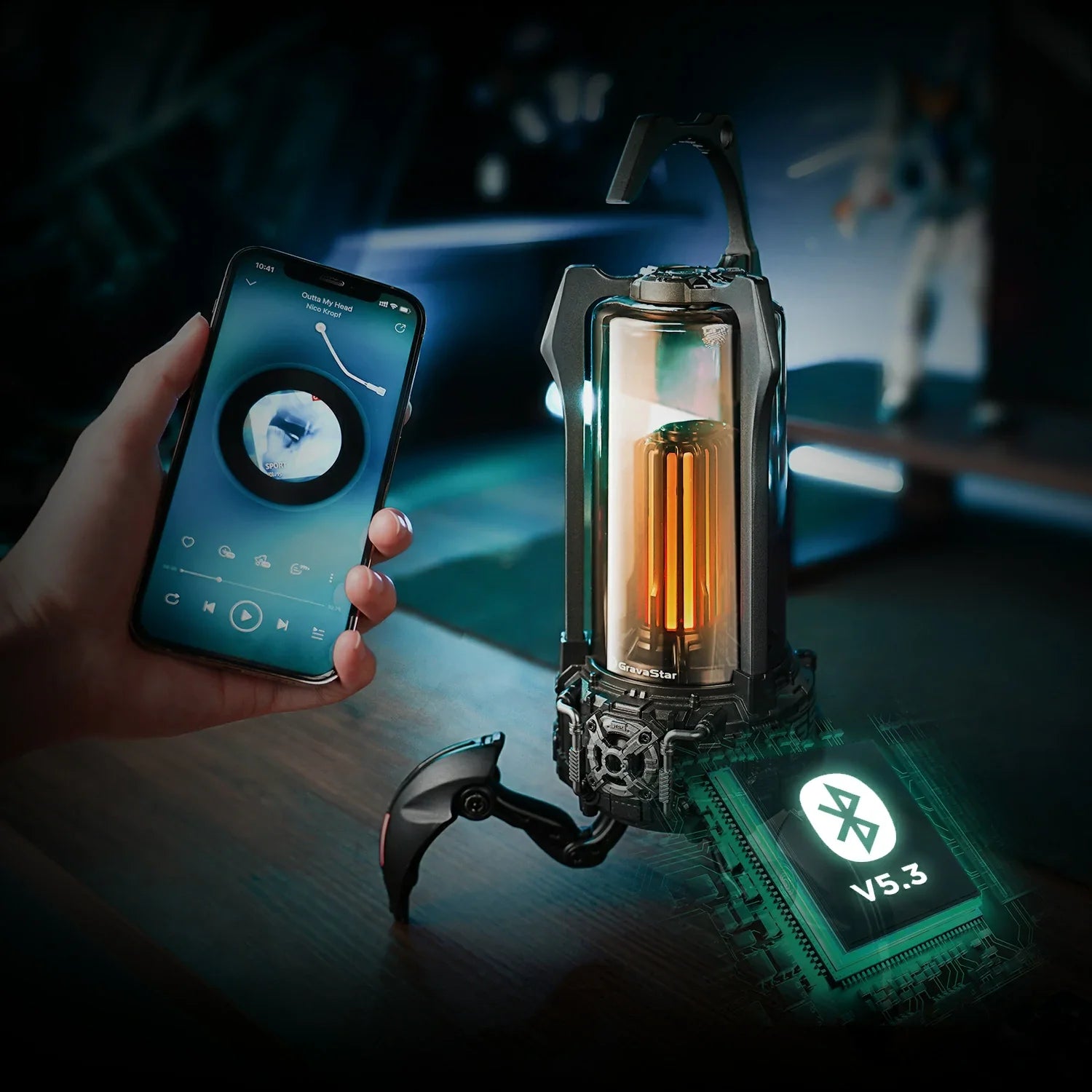 GravaStar Supernova Matt Black mecha lantern Bluetooth speaker demonstrating Bluetooth 5.3 wireless connectivity, smartphone playback control, 20m range, 25W sound system, and camping firelight RGB lighting.
