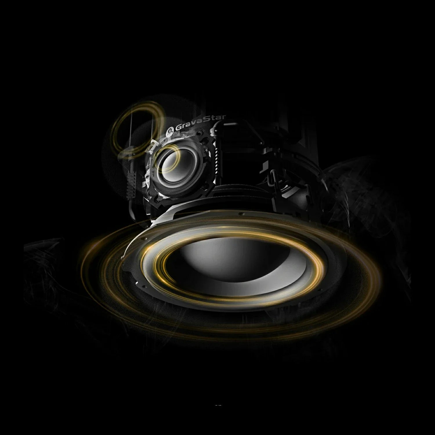 GravaStar Supernova War Damaged Yellow mecha lantern Bluetooth speaker acoustic explosion diagram featuring 25W sound system with 3-inch woofer, 0.5-inch precision tweeter, and dynamic amber acoustic wave projection.