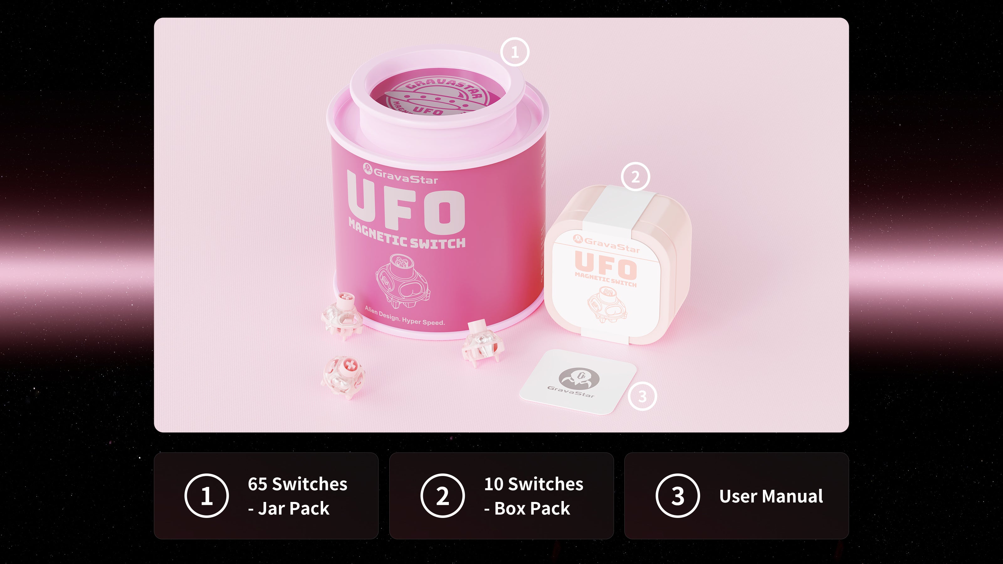 GravaStar UFO Buttiful Magnetic Switch Pink in the box packaging breakdown showcasing 65pcs pink tactical metal jar pack, 10pcs windowed box pack, user manual, and dedicated switch puller.