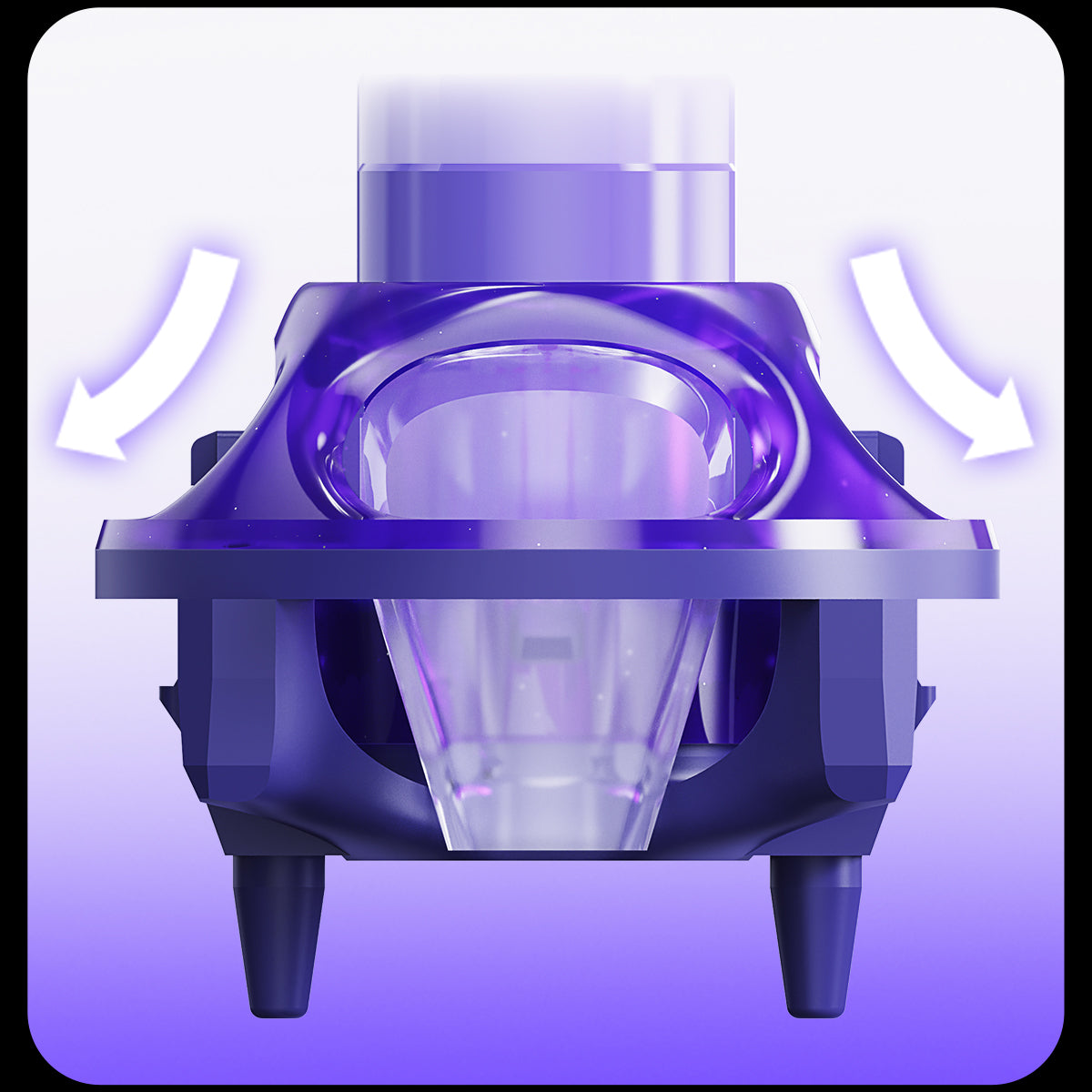 GravaStar UFO Magnetic Switch Purple studio front actuation view displaying 360-degree circular dual-rail mecha frame, 40±10gf initial operation force, 23mm long spring, circular wall stem, 5-pin PCB mount, and RT 0.005mm Rapid Trigger performance, perfect paired with Mercury V75 Pro Cyberpunk magnetic keyboard and Mercury X Pro 8KHz gaming mouse.