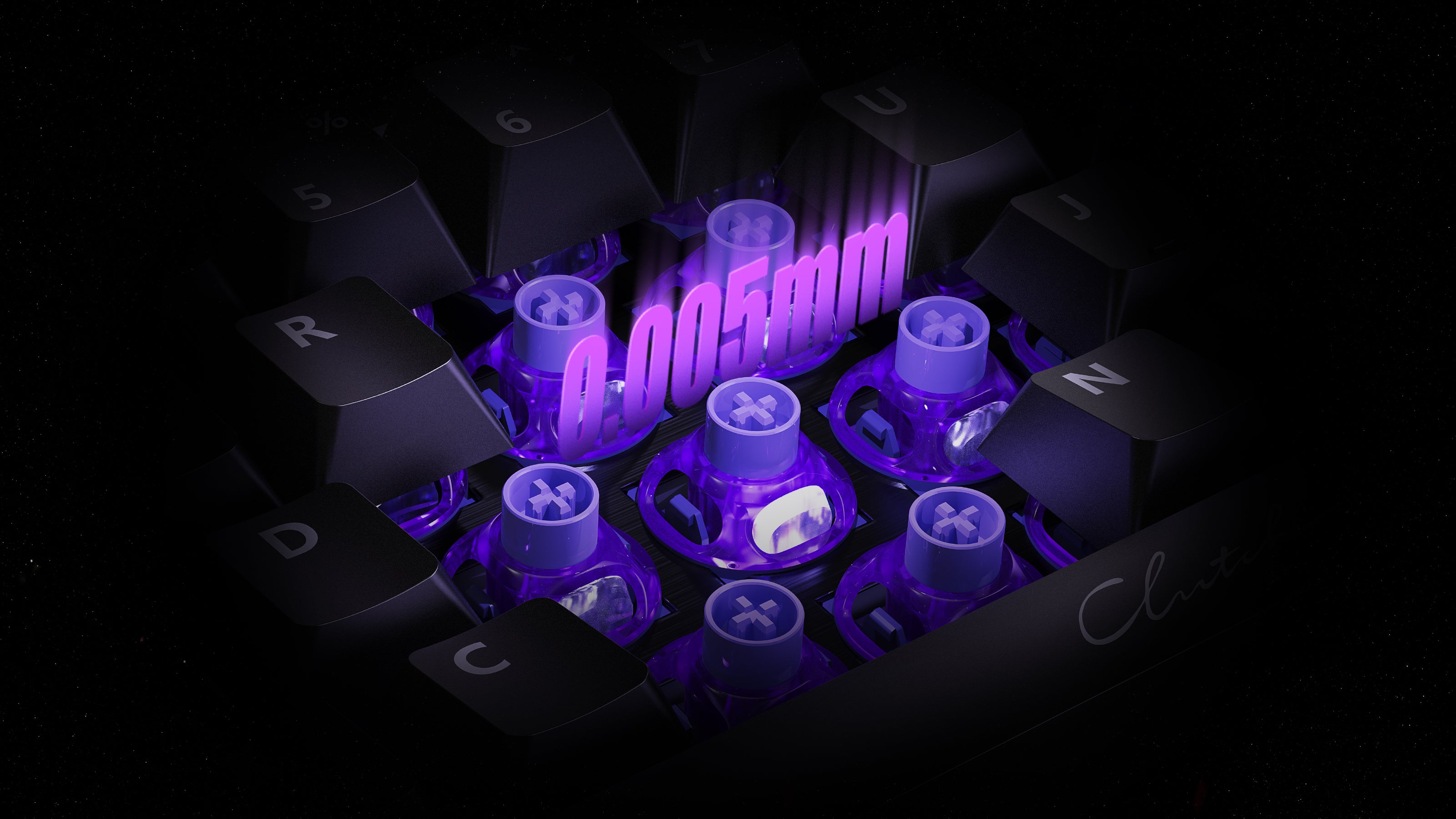GravaStar UFO Magnetic Switch Purple installed on Mercury V75 Pro magnetic gaming keyboard demonstrating RT 0.005mm precision Rapid Trigger performance, Hall Effect contactless technology, and vibrant purple RGB lighting.