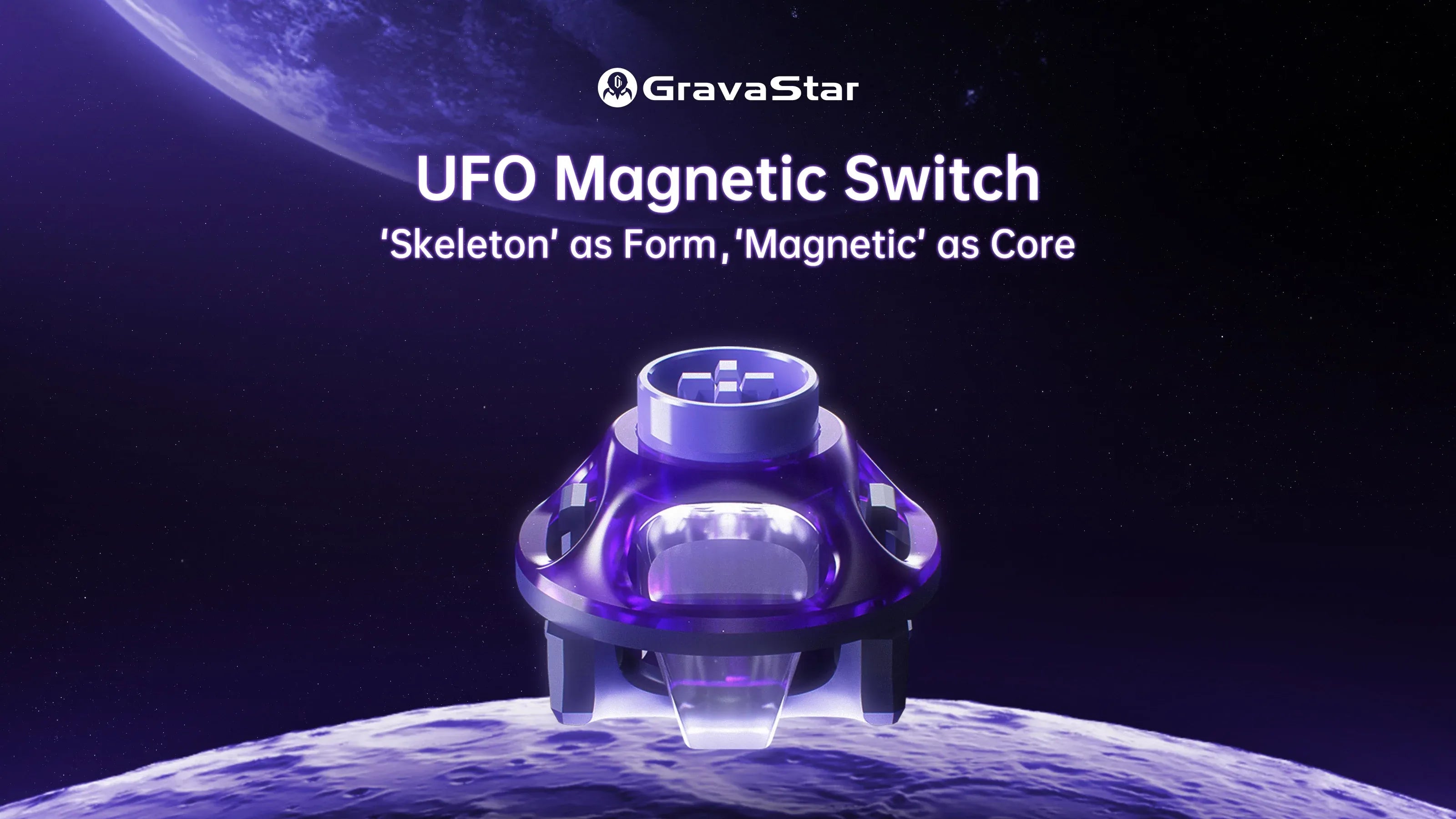 GravaStar UFO Magnetic Switch Purple sci-fi lunar concept full width banner featuring Hall Effect contactless magnetic sensing, 360-degree skeletal mecha housing, N52H magnets, and RT 0.005mm precision Rapid Trigger performance.